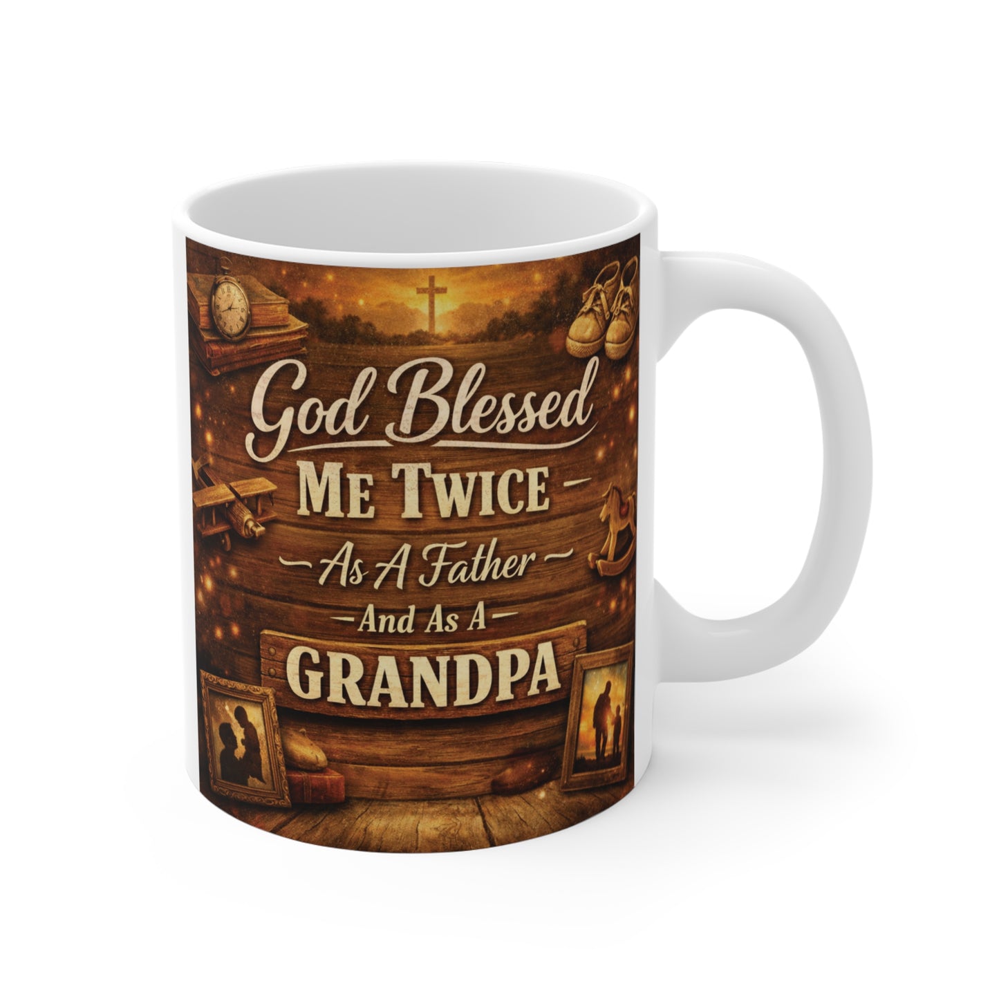 Rustic Christian 11oz coffee mug with text God Blessed Me Twice As A Father And As A Grandpa, a meaningful gift for grandpa.