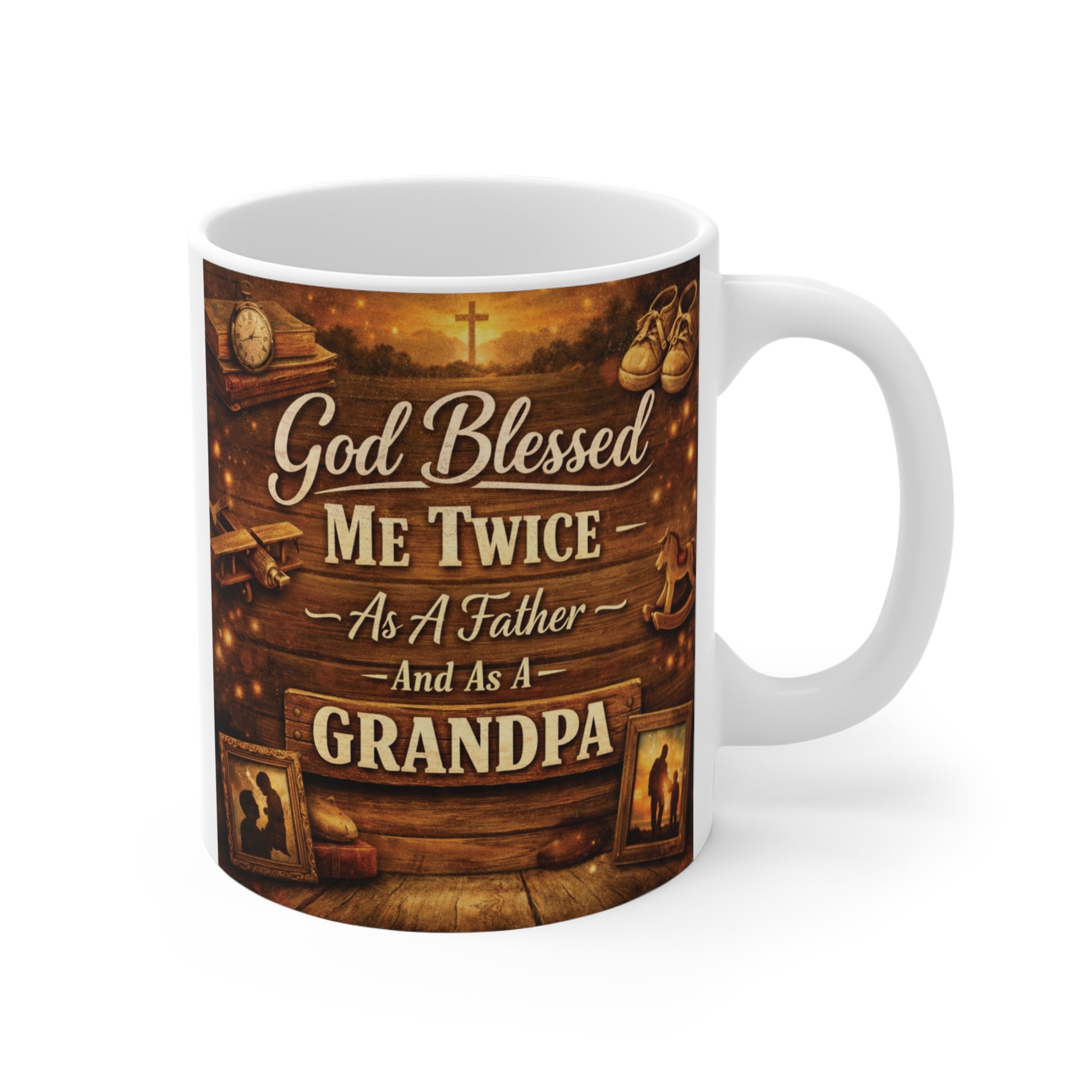 Rustic Christian 11oz coffee mug with text God Blessed Me Twice As A Father And As A Grandpa, a meaningful gift for grandpa.