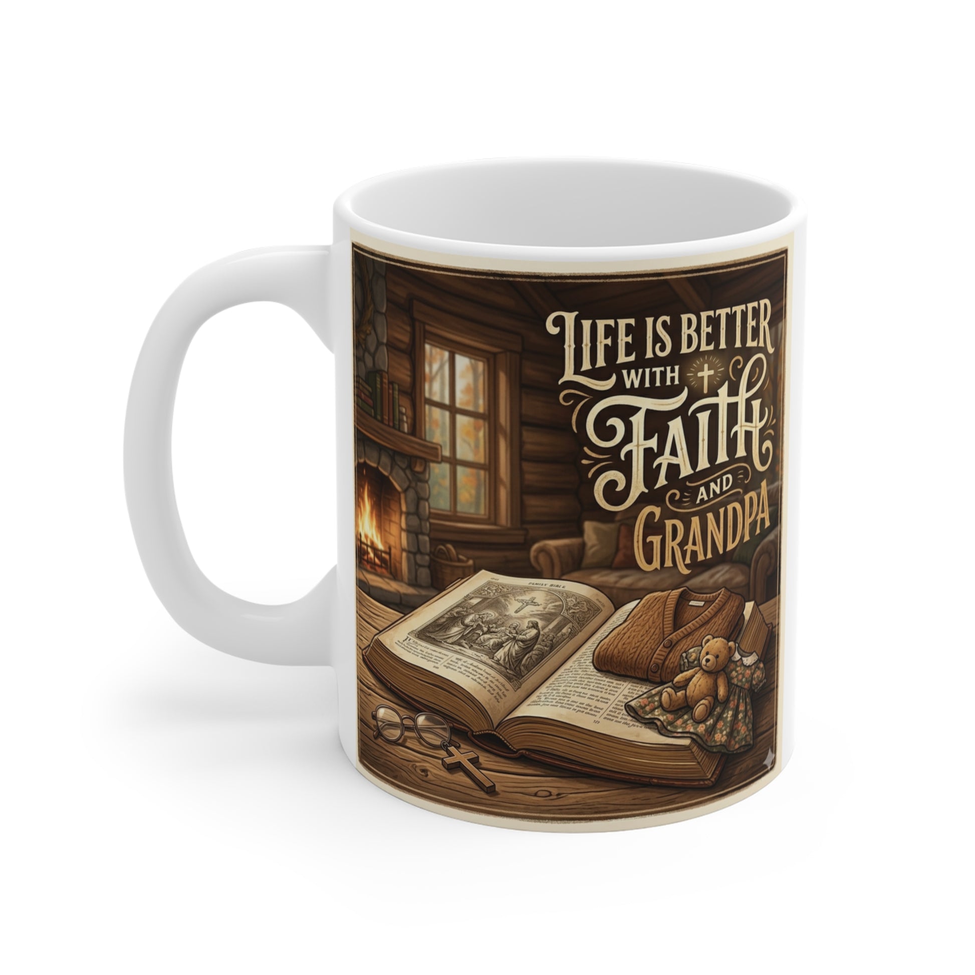 Inspirational Christian grandpa mug with vintage Bible illustration and faith-based message
