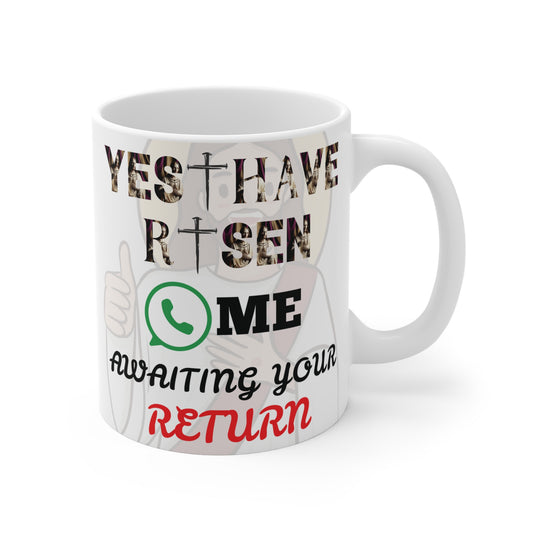 Christian Easter mug with ‘Yes I have risen’ message and WhatsApp icon, religious humor coffee cup design