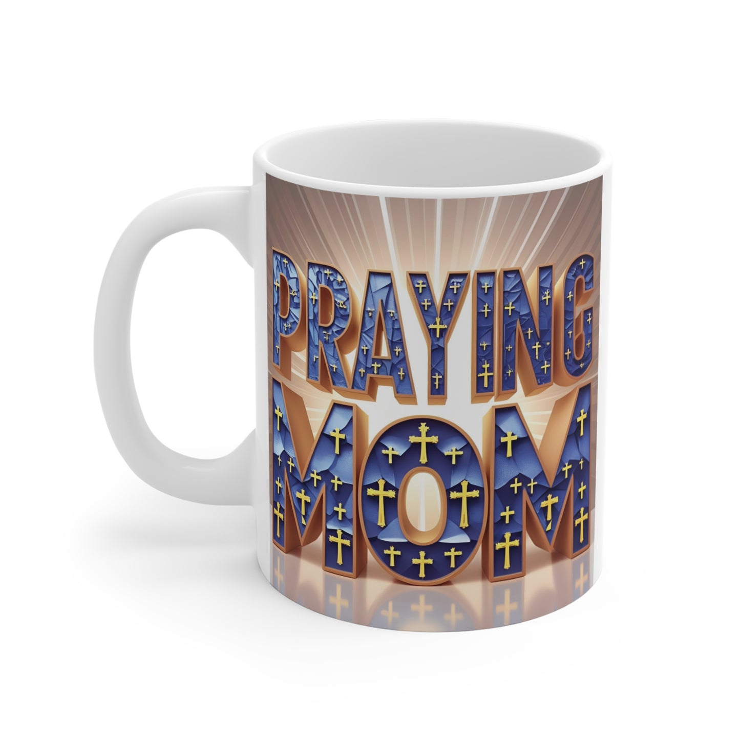Christian mom gift mug with crosses and bold praying mom design for Mother’s Day or birthday