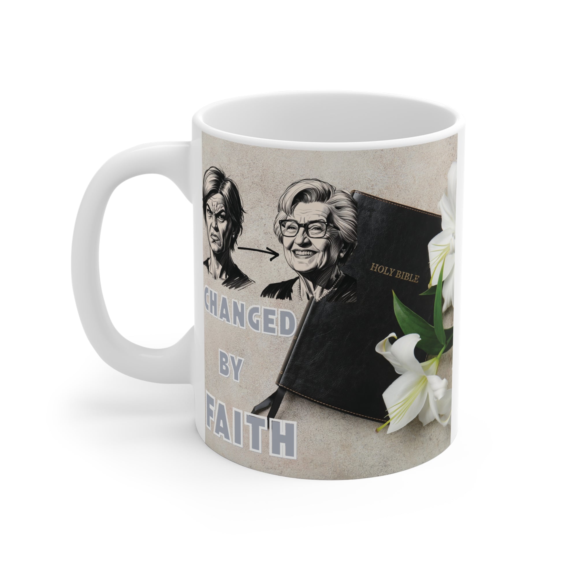 Inspirational religious coffee mug with Bible and flowers symbolizing spiritual change and faith-based growth