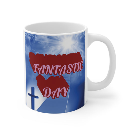 Christian inspirational mug with cross, heavenly sky background, and ‘Have a Fantastic Day’ message