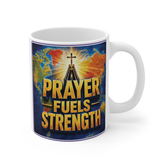 Christian 11oz mug with Prayer Fuels Strength quote and glowing cross design