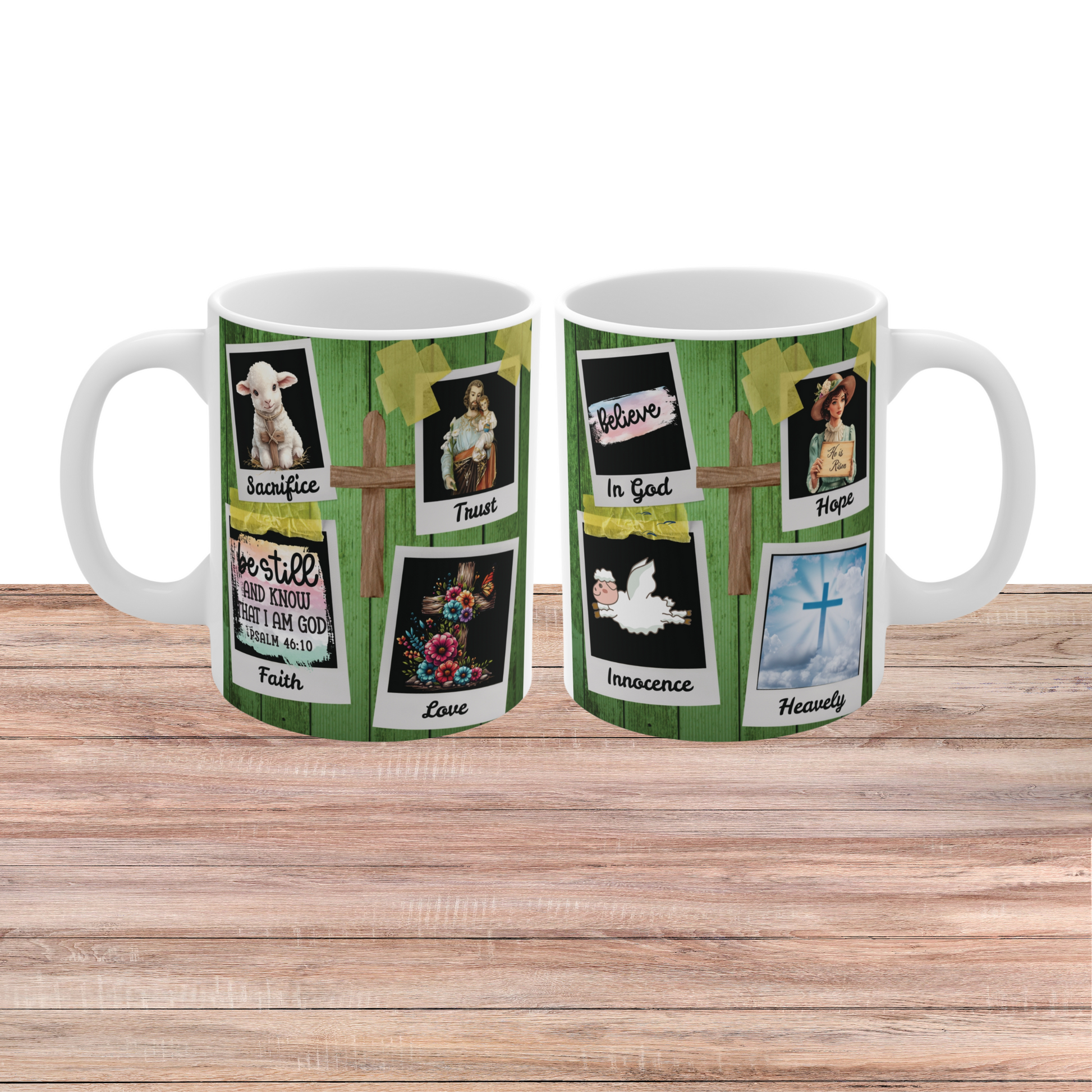 Christian faith mug set with cross, lamb, angel and inspirational words like faith, hope, love, trust