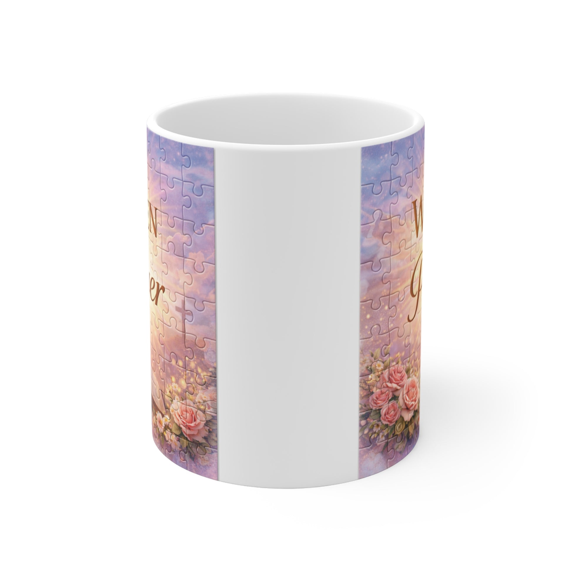Christian Women of Prayer mug with floral accents, scripture-inspired artwork, and elegant gold typography