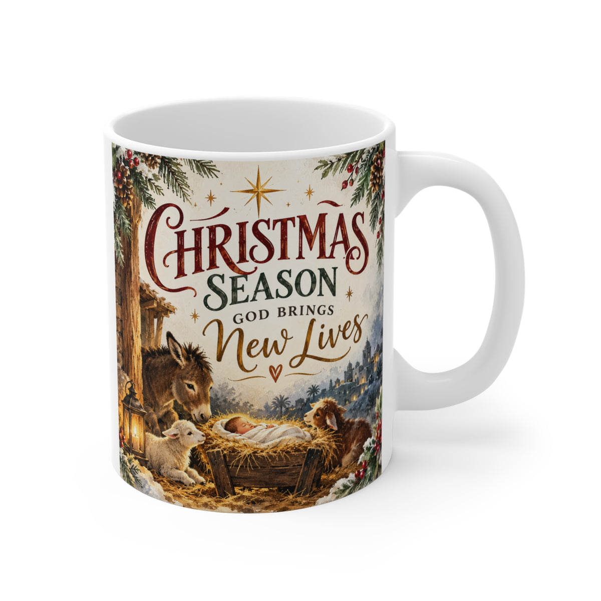 Christian Nativity Christmas 11oz coffee mug featuring baby Jesus in a manger with God Brings New Lives faith design