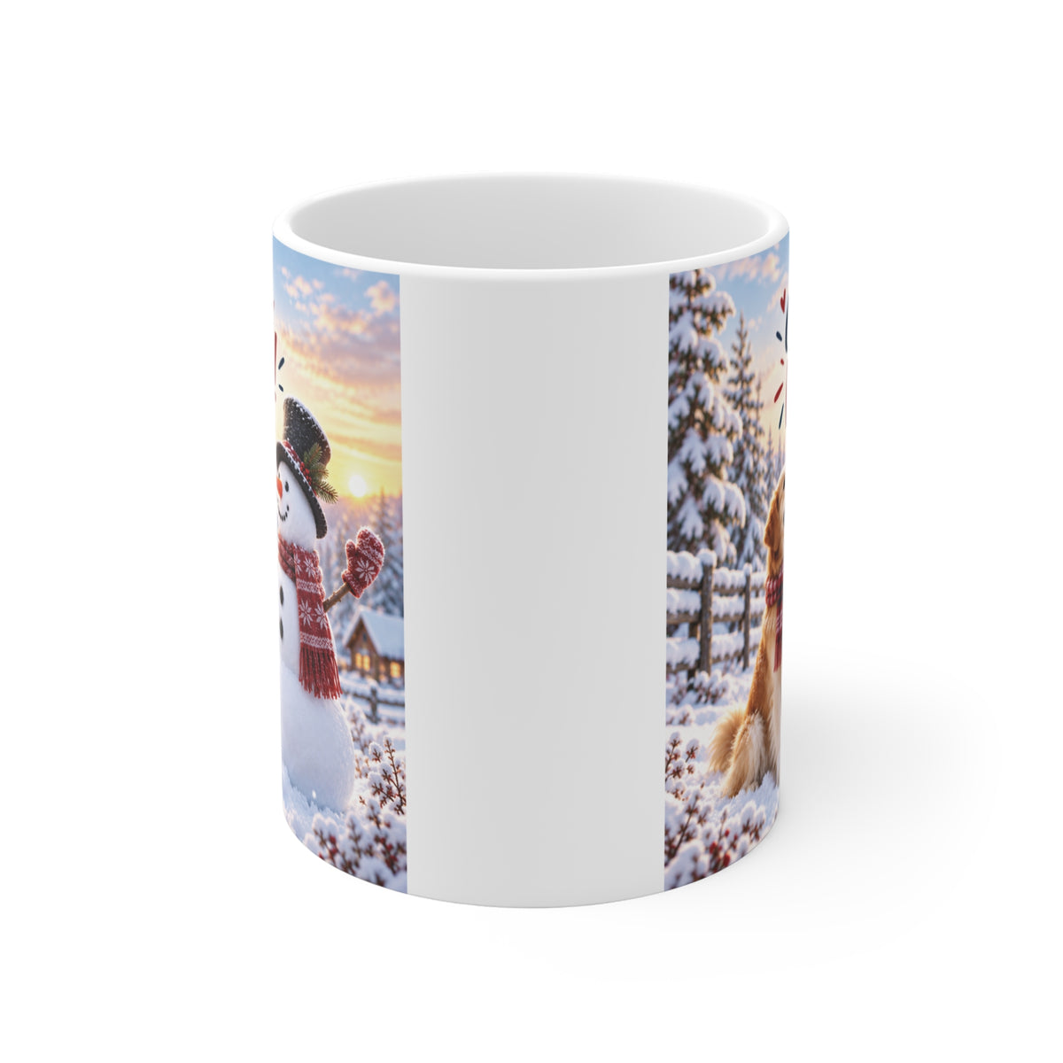 11oz Christmas appreciation coffee mug with Great Work message, cute dog and snowman, ideal for coworkers and employees.