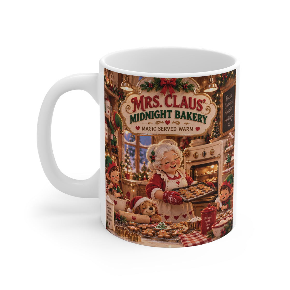 Mrs. Claus North Pole bakery 11oz coffee mug with nostalgic Christmas baking artwork, festive cookies and warm vintage holiday design