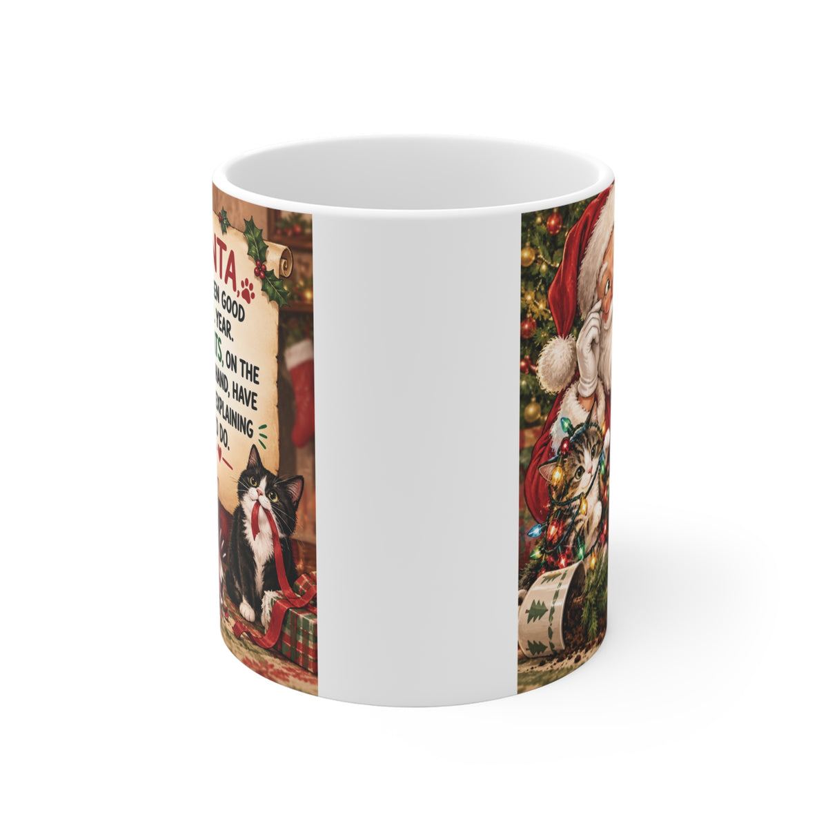 Christmas cat lover mug featuring Santa with playful naughty cats, funny holiday coffee gift for cat moms and cat dads.