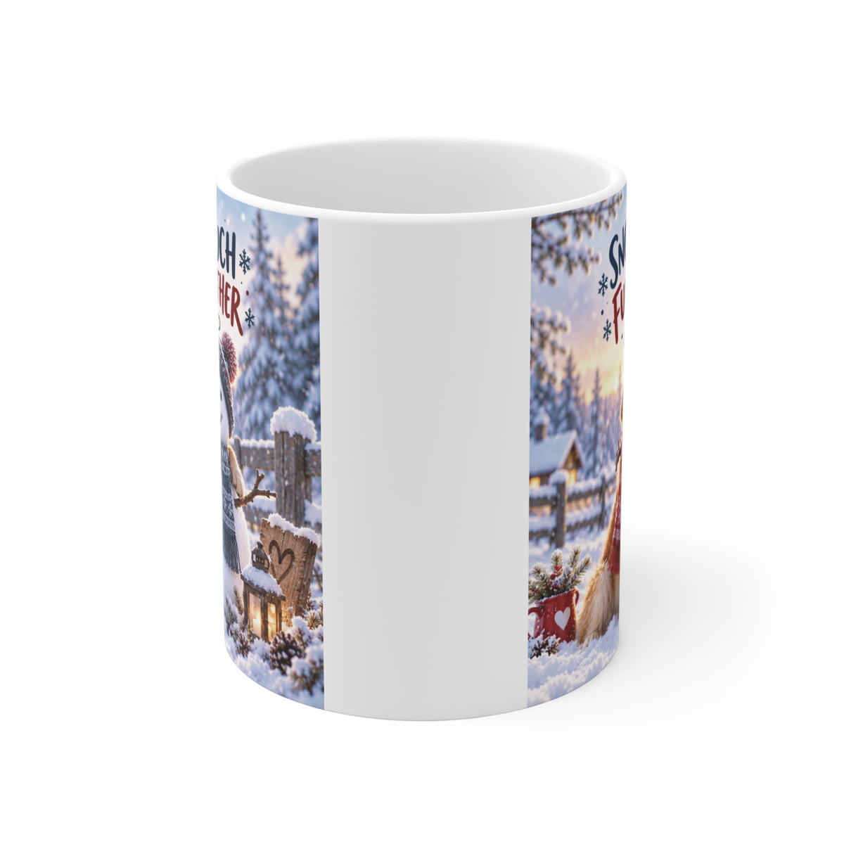 Cute dog and snowman winter coffee mug with Snow Much Fun Together quote, snowy woodland background and colorful winter scarves.