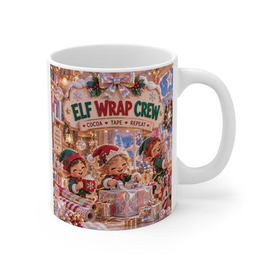 Elf Wrap Crew Christmas 11oz coffee mug featuring cute elves wrapping presents in a festive holiday workshop