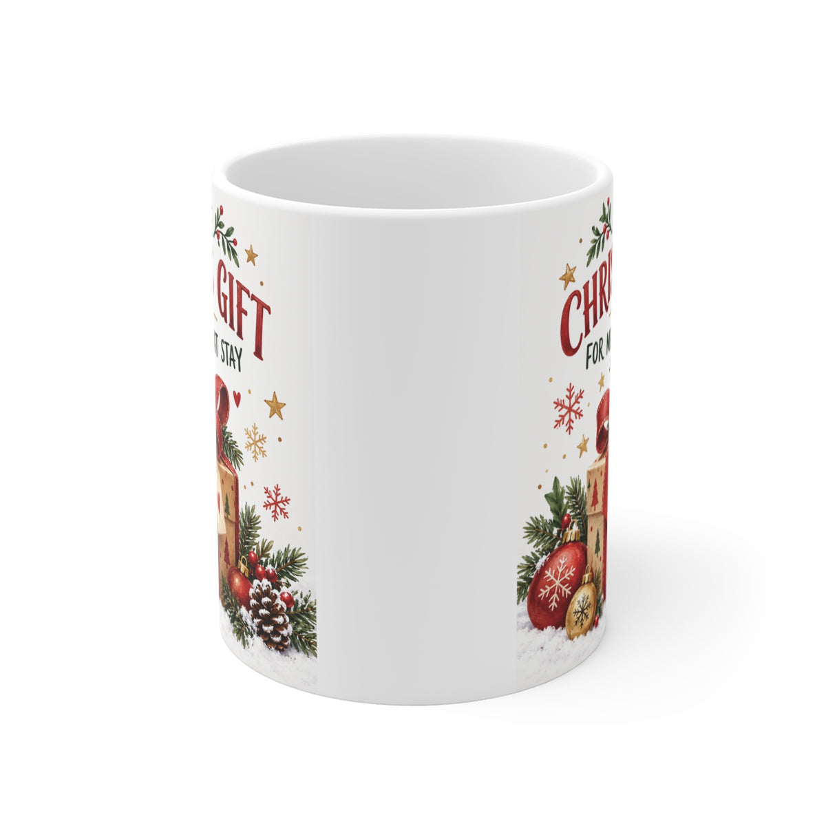 Festive Christmas coffee mug featuring holiday gift box, ornaments and Christmas greenery, thoughtful keepsake gift