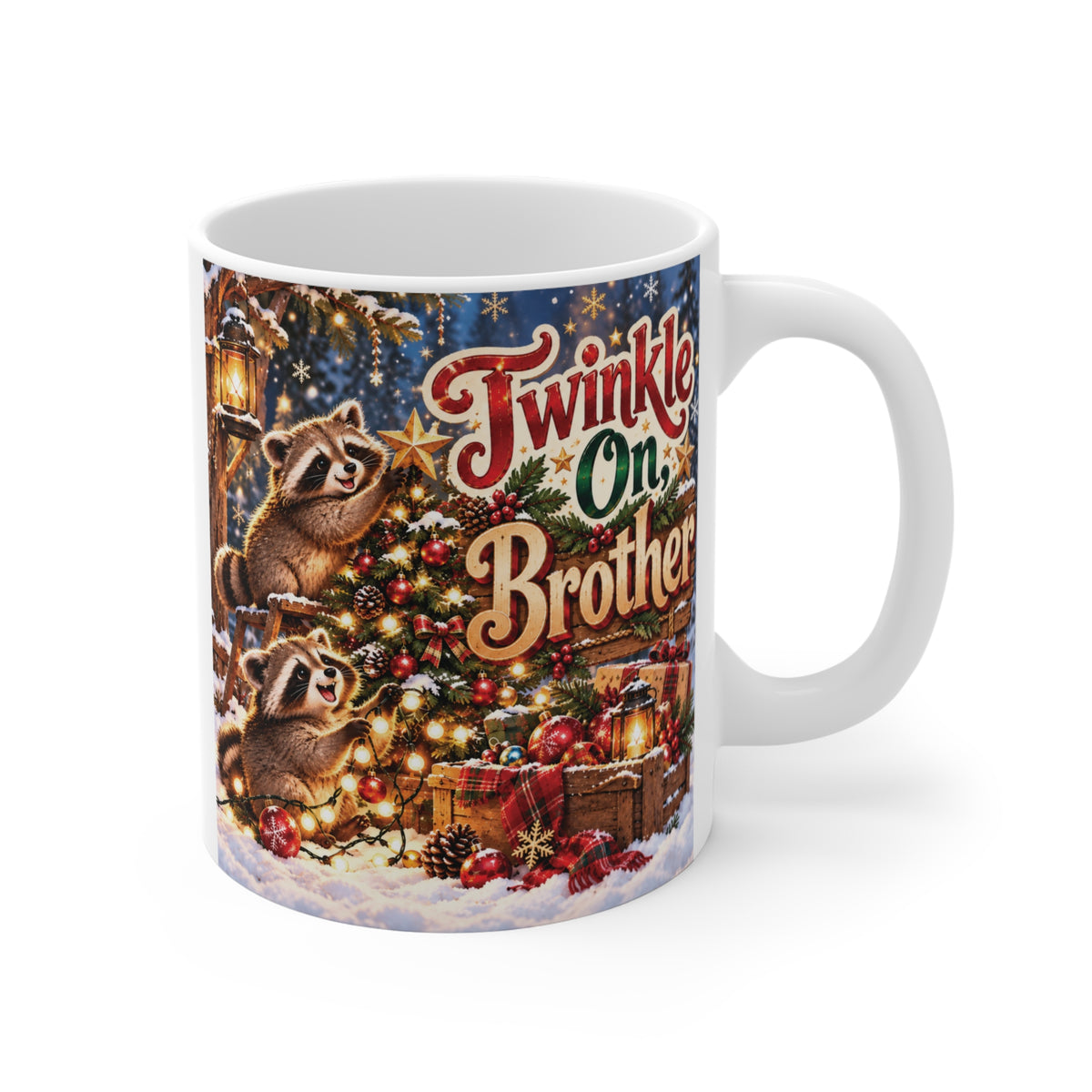 Twinkle On Brother Christmas 11oz coffee mug featuring two cute raccoons, a decorated Christmas tree and festive lights, a holiday gift for brother.