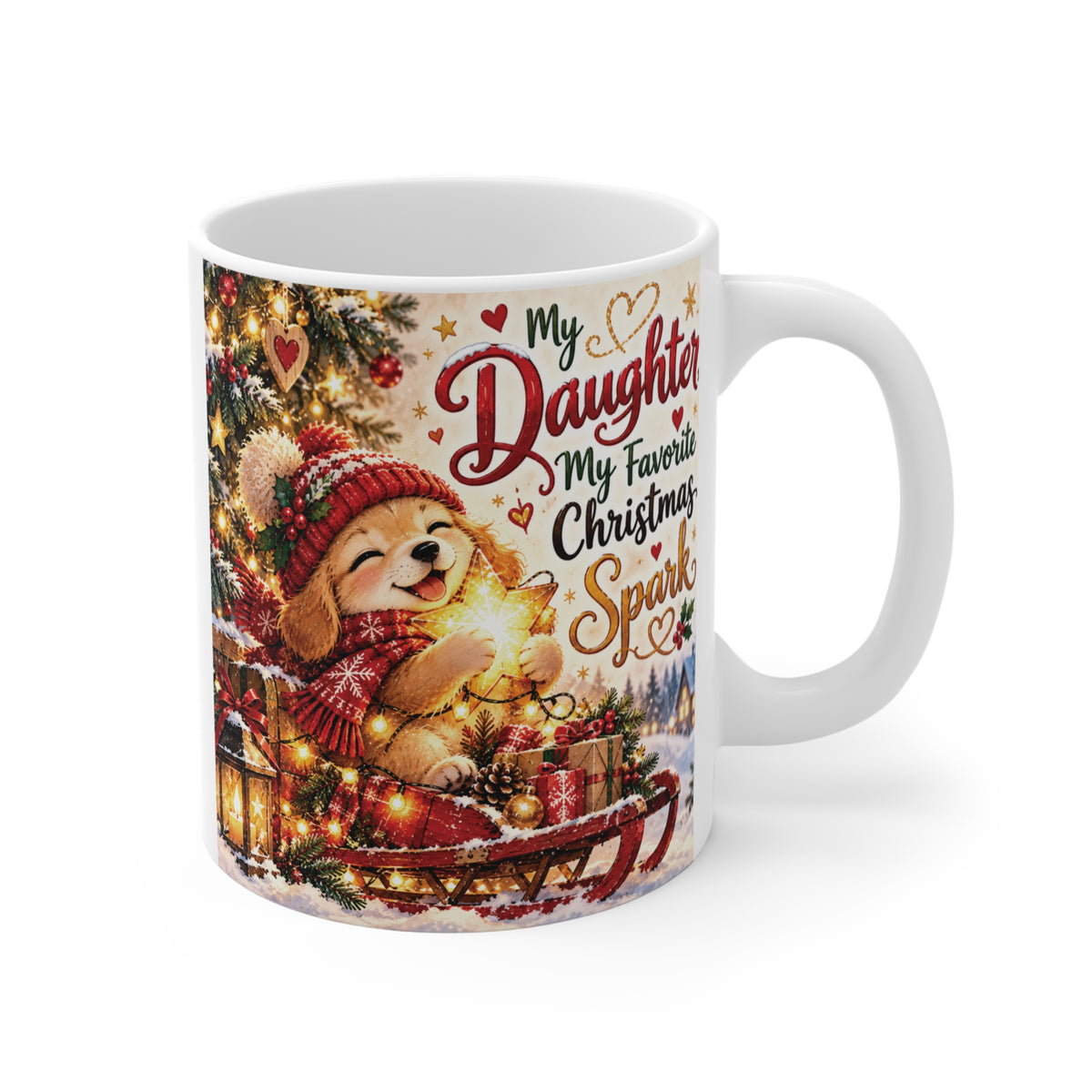 11oz Christmas coffee mug for daughter featuring an adorable puppy in a red winter hat and scarf, festive Christmas lights and a heartfelt holiday message.