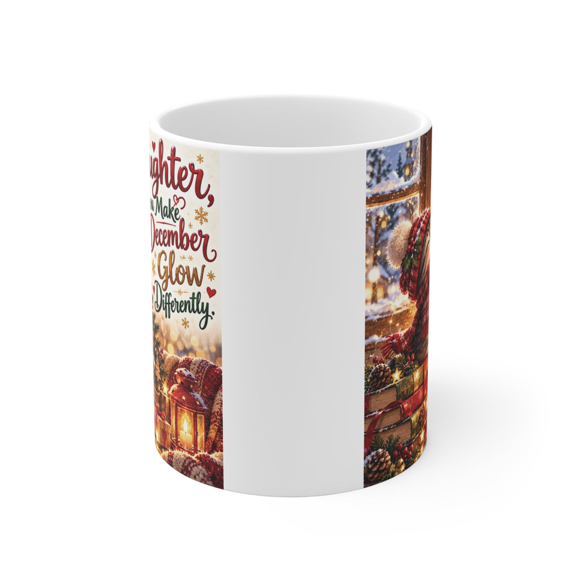 Heartwarming Christmas coffee mug for daughter with adorable kitten wearing a winter scarf, decorated Christmas tree and festive holiday gift design.