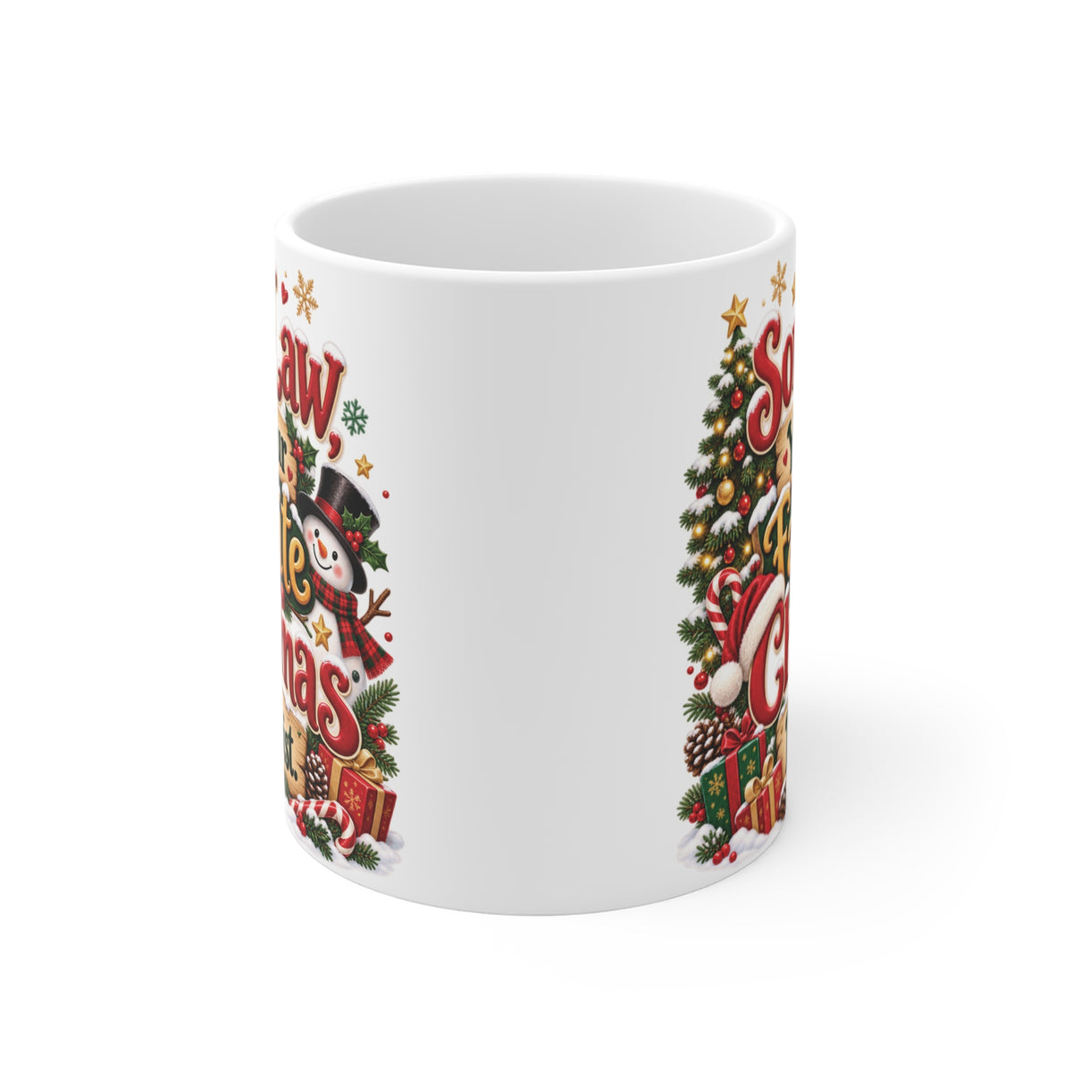 Funny Christmas gift mug for daughter's husband featuring colorful Son-in-Law You're Our Favorite Christmas Plot Twist lettering and festive red and green artwork.