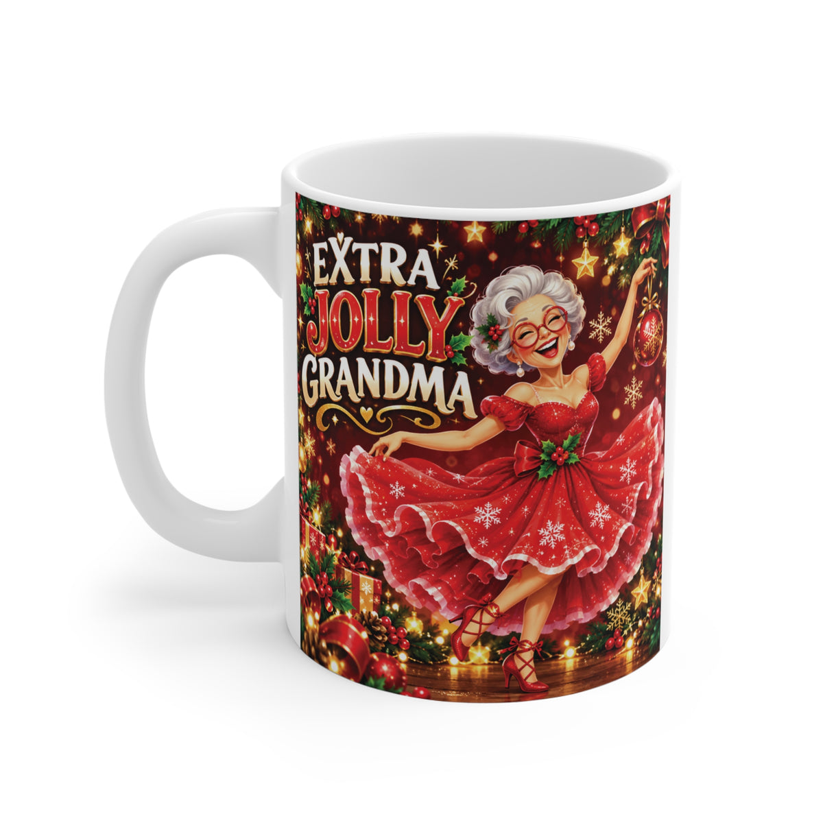 Festive Extra Jolly Grandma holiday coffee mug for Christmas gift giving.