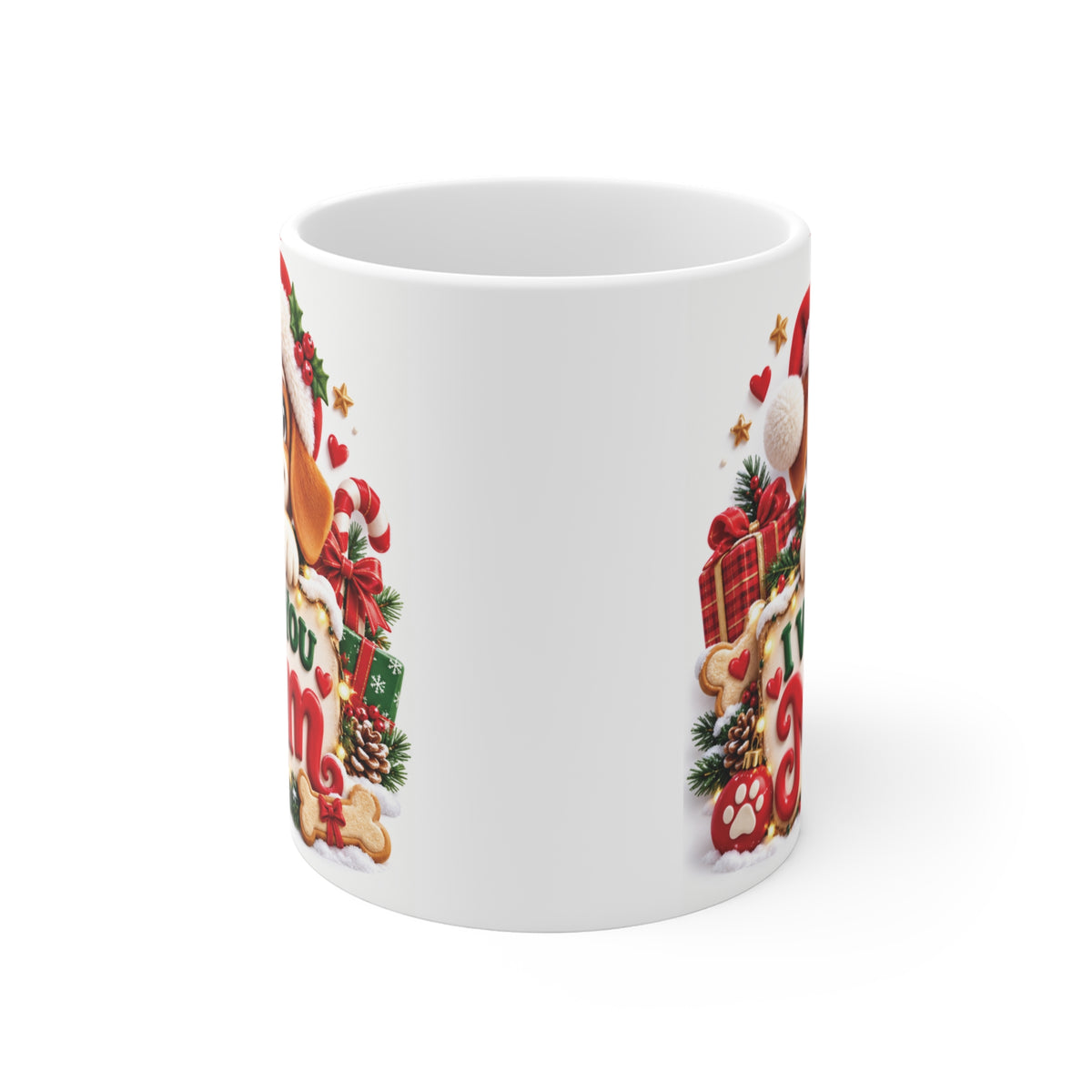 White 11oz Christmas mug with a smiling Santa puppy, festive holly, red hearts and I Woof You Mom design, a thoughtful Christmas gift from dog to mom.