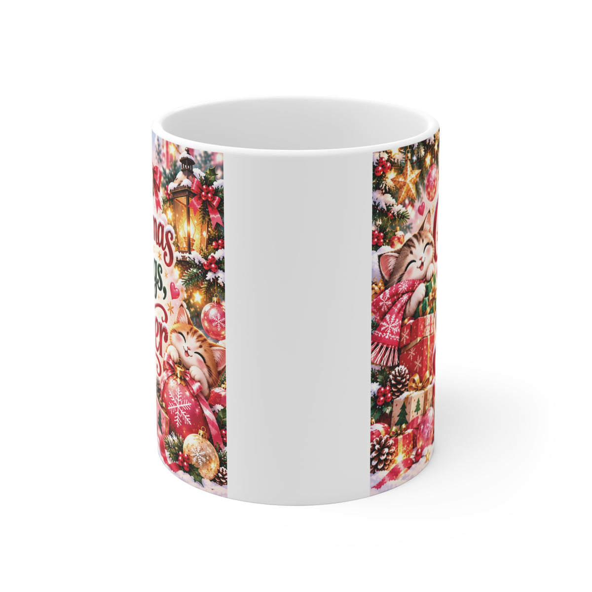 White 11oz Christmas coffee mug for sister with Christmas Hugs Sister lettering, adorable kitten illustration, holiday gift boxes, and red and green decorations.