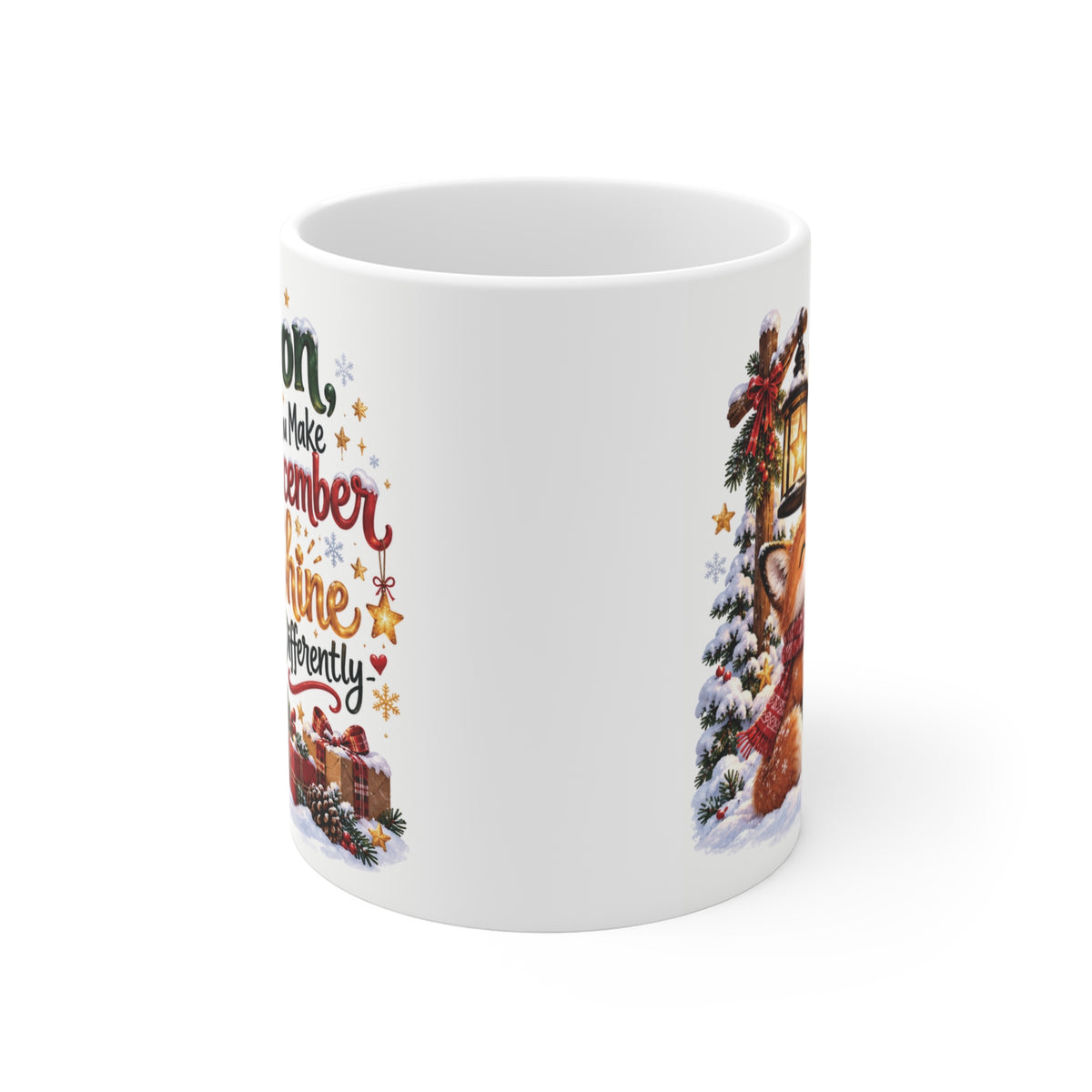 Adorable Christmas coffee mug for son with cute fox, glowing lantern, snowy trees, and heartfelt holiday message. Sentimental Christmas gift for adult son from parents.