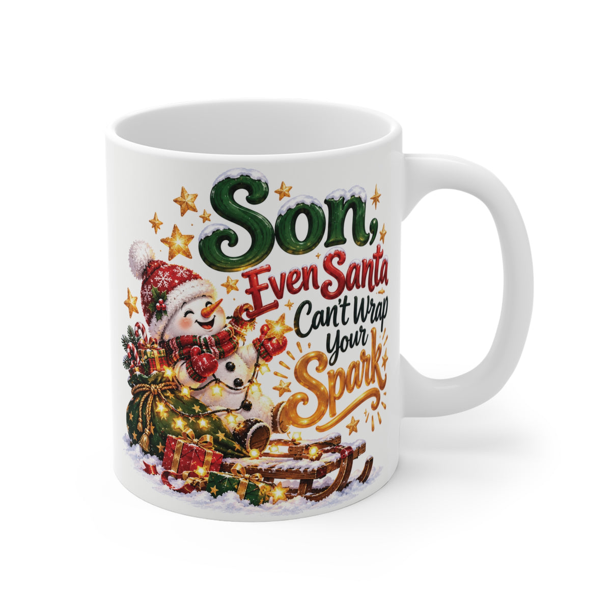 White 11oz Christmas coffee mug for son featuring a cheerful snowman, festive gifts, golden stars and the message Son Even Santa Can't Wrap Your Sparkle.