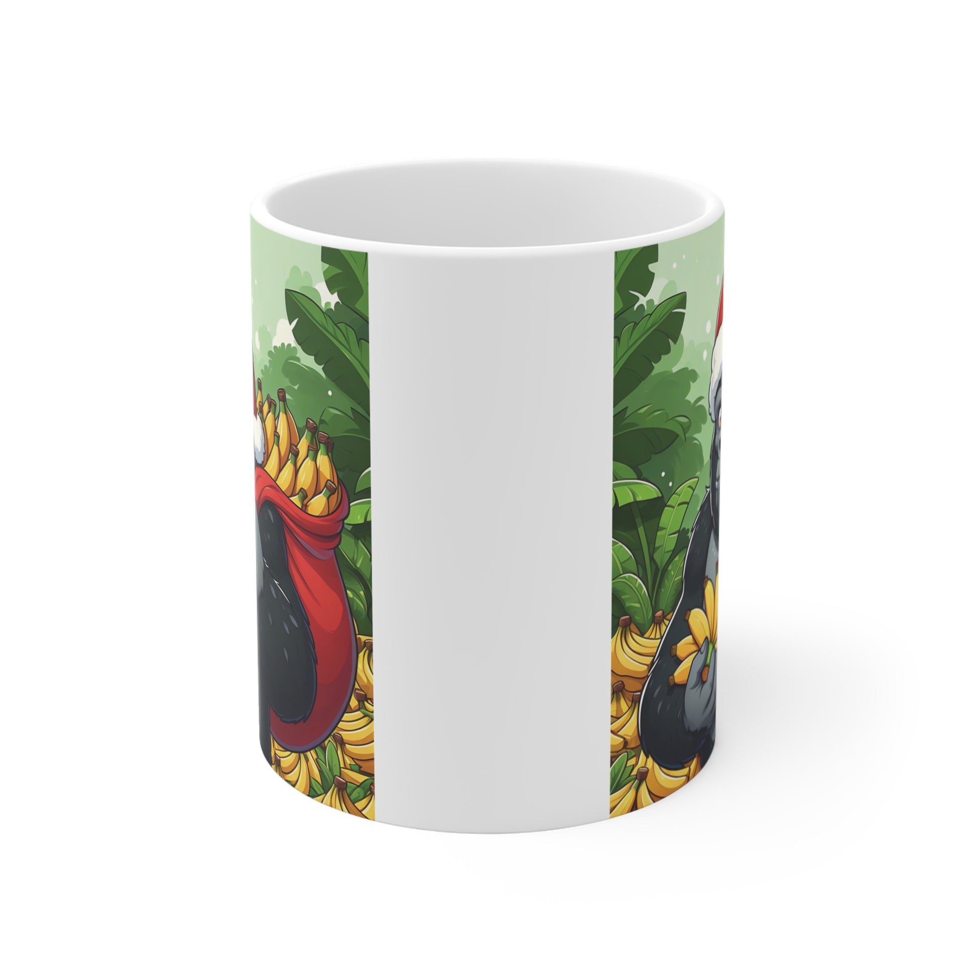 Christmas-themed gorilla illustration featuring a Santa hat, red gift sack filled with bananas, and lush jungle background on a white ceramic mug.
