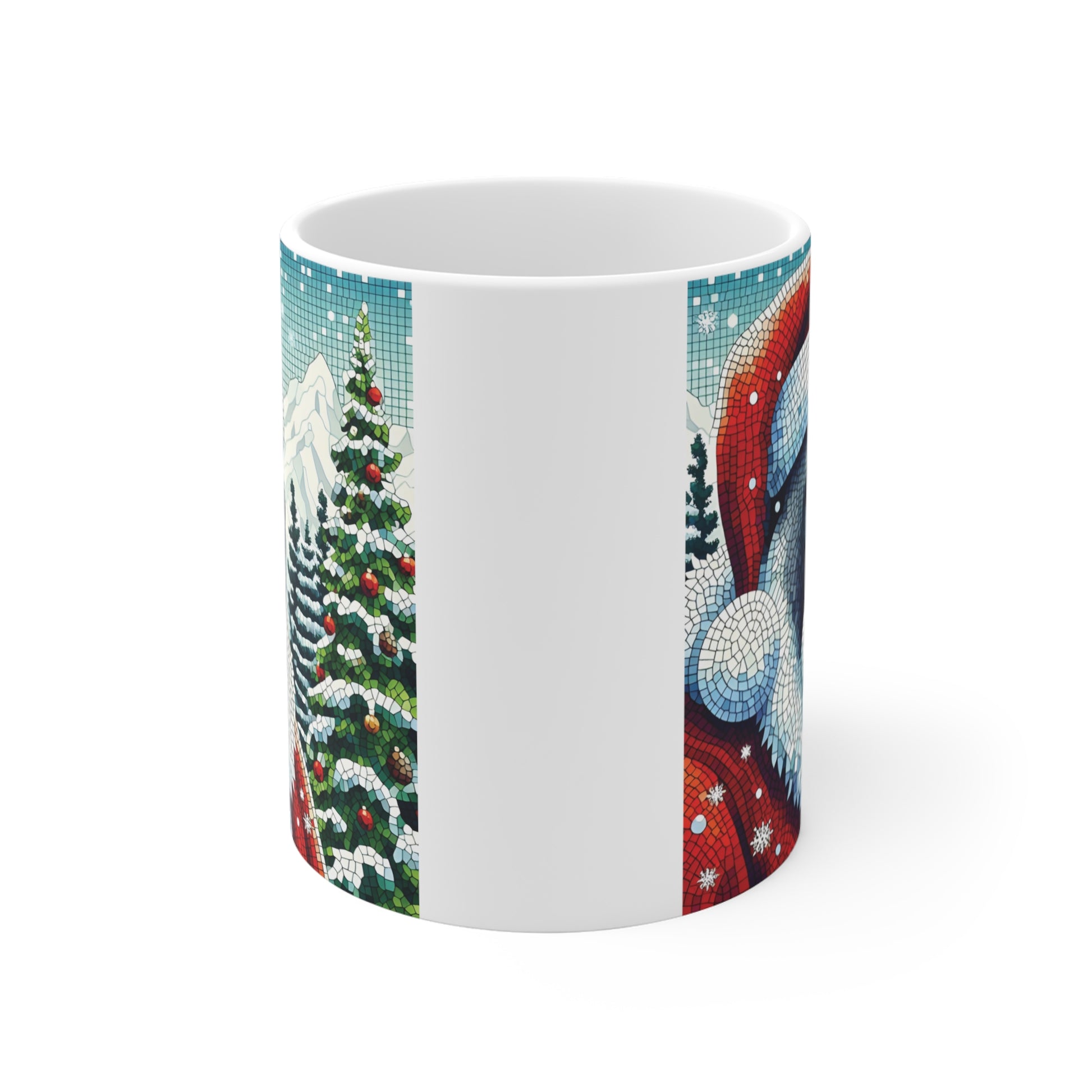 Festive Christmas coffee mug featuring a colorful stained-glass gorilla Santa illustration surrounded by snowflakes and winter scenery.