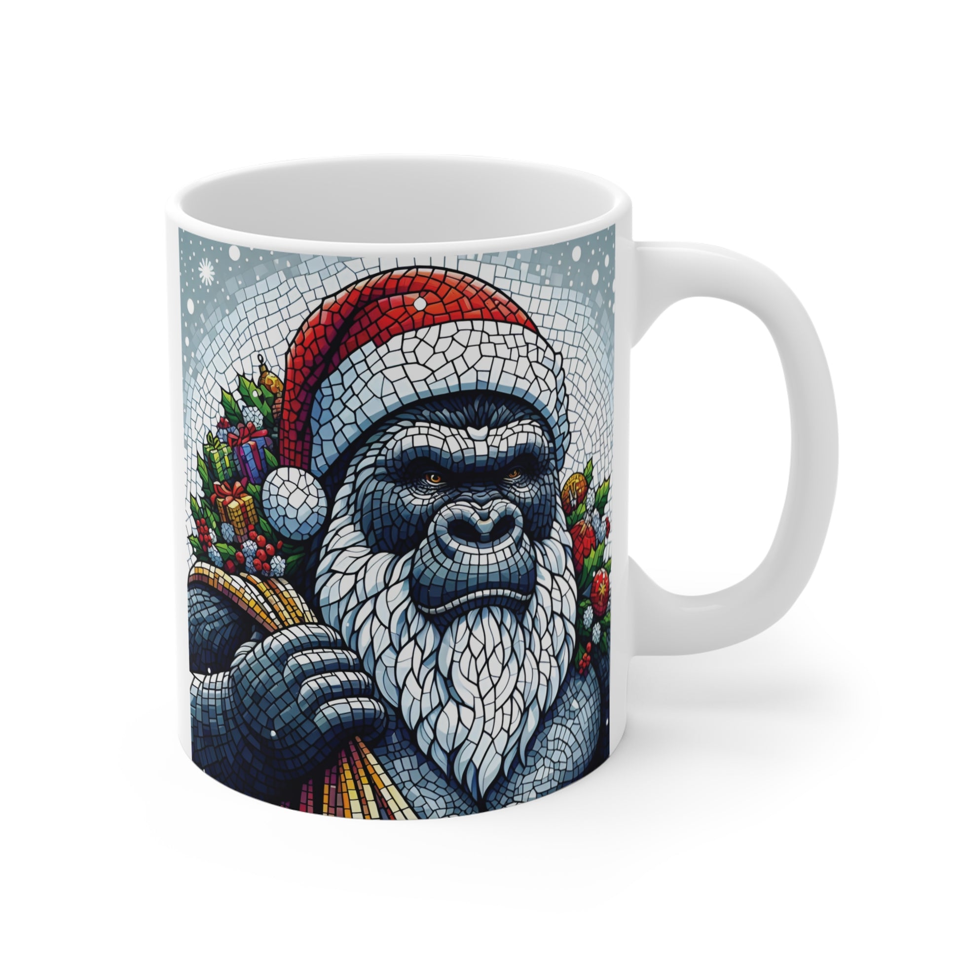 Christmas Gorilla Santa Mug – Mosaic Style Gorilla Wearing Santa Hat Ceramic Coffee Mug with Holiday Gift Design