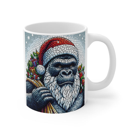 Christmas Gorilla Santa Mug – Mosaic Style Gorilla Wearing Santa Hat Ceramic Coffee Mug with Holiday Gift Design