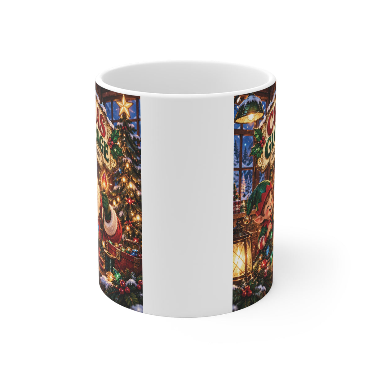 Christmas light lover coffee mug with Santa and elf in a festive glowing garage, a fun Christmas gift for dad, grandpa or husband.