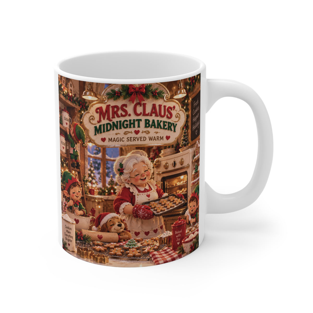 Mrs. Claus Midnight Bakery 11oz Christmas mug with vintage bakery scene, cookies, fireplace and cozy North Pole holiday artwork