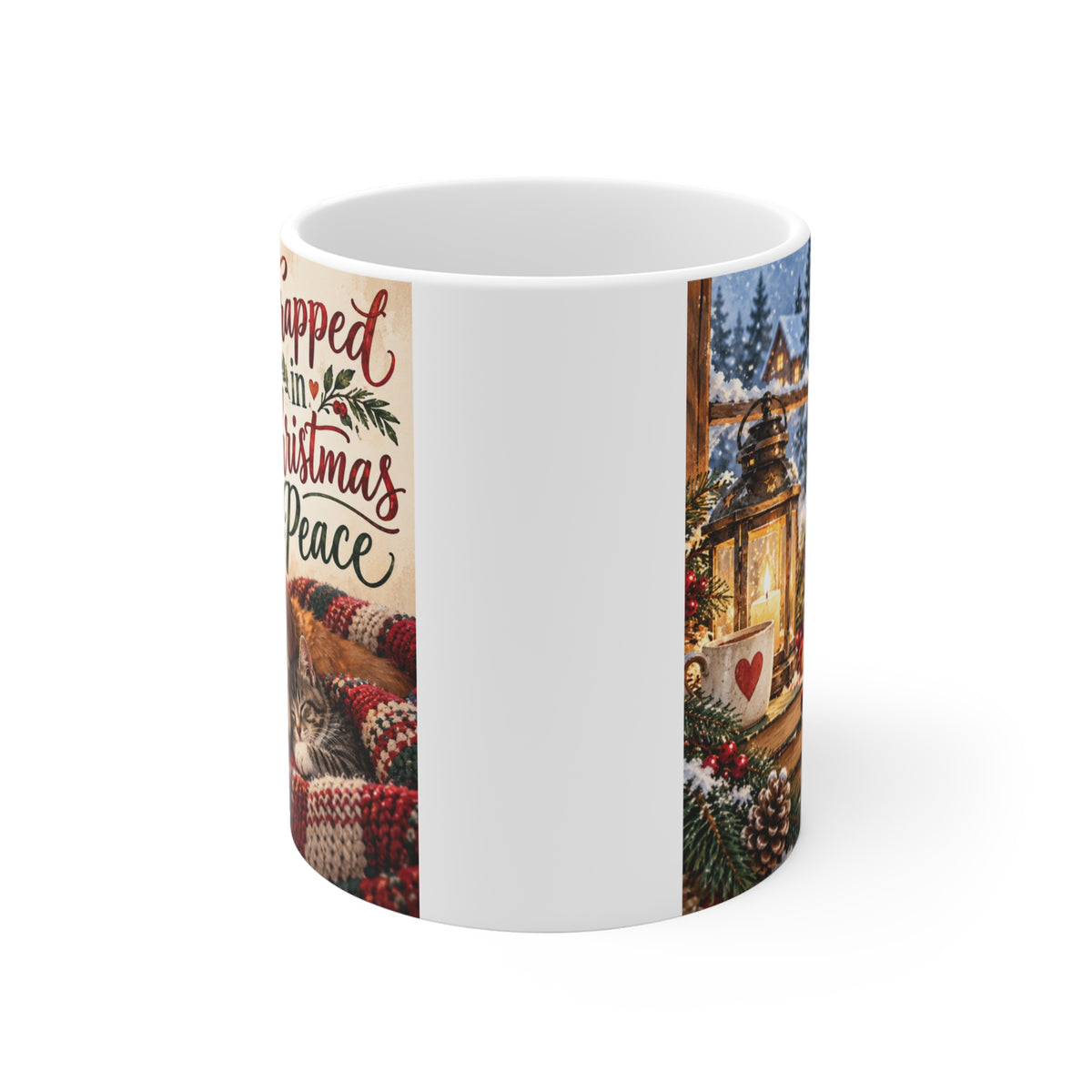 11oz dog and cat Christmas mug with cozy winter artwork and Wrapped in Christmas Peace holiday message