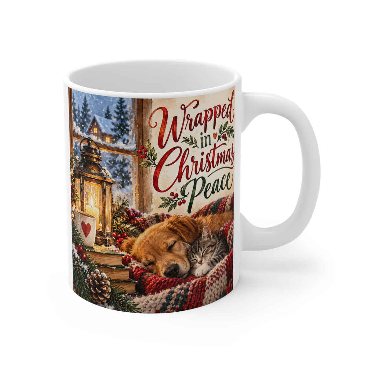 Christmas mug with Wrapped in Christmas Peace design featuring a cozy sleeping dog and cat, 11oz holiday gift for pet lovers