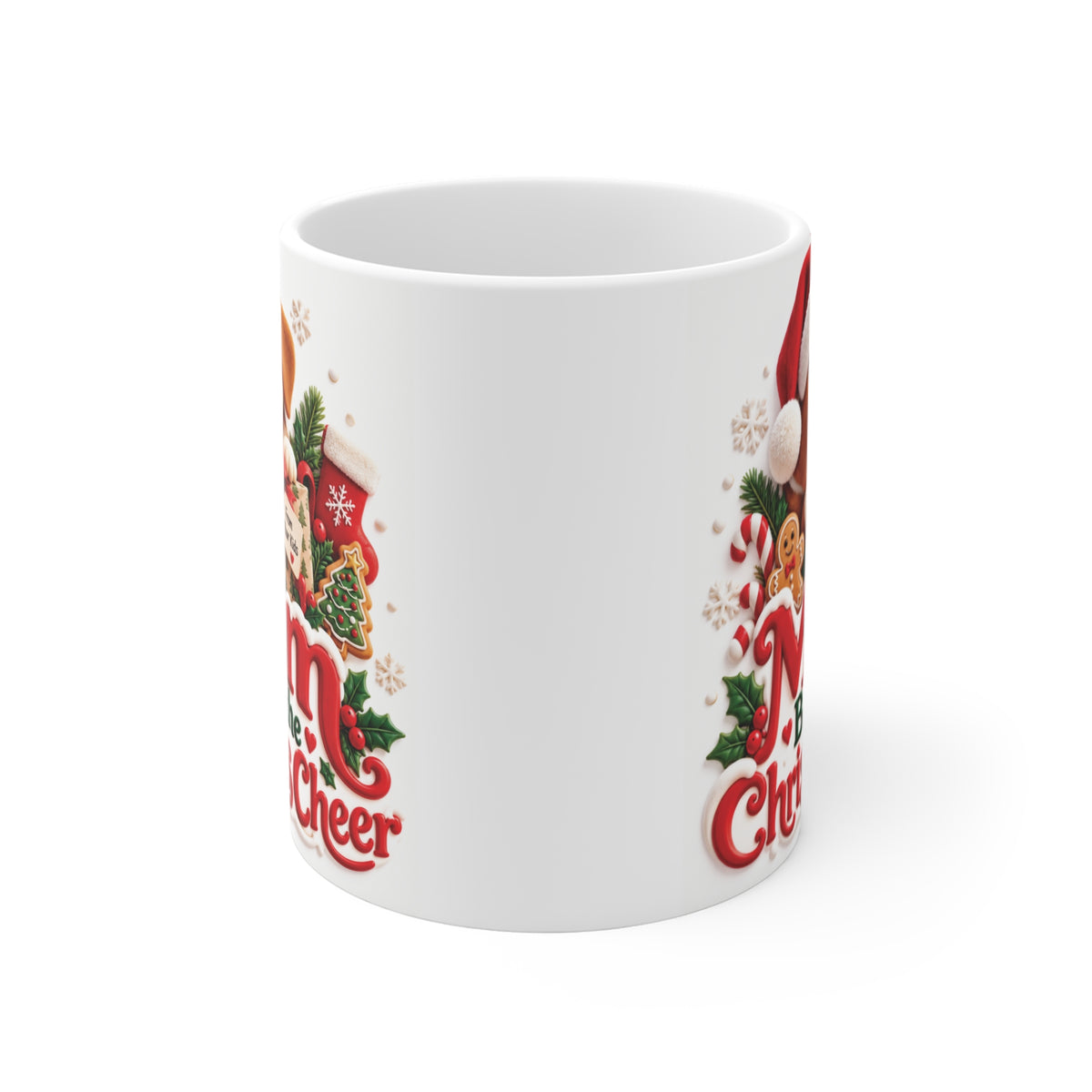 Cute Santa puppy Christmas mug for Mom with red and green holiday typography, gingerbread decorations, and a cheerful festive design.