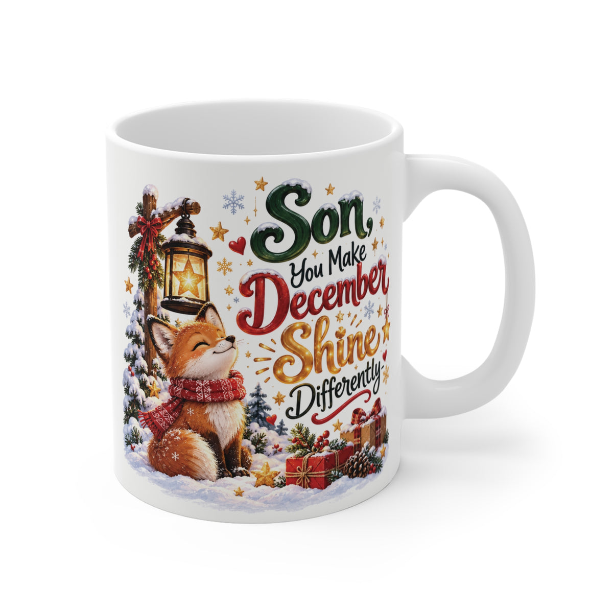11oz Christmas mug for son featuring Son You Make December Shine Differently message, cute woodland fox, and festive winter design. Thoughtful Christmas gift from Mom or Dad.