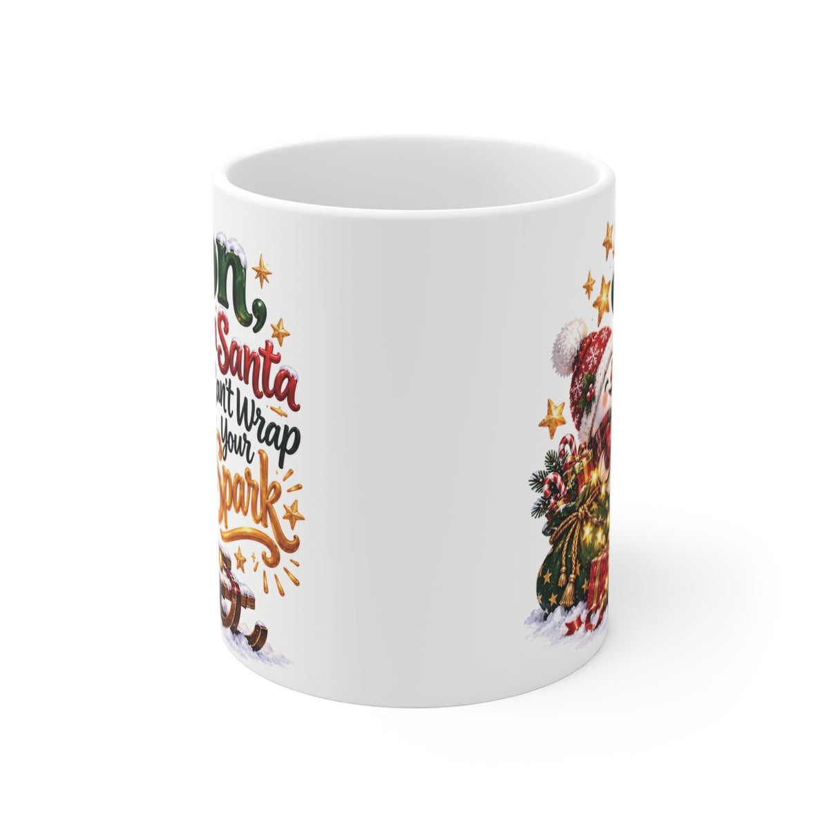 Cute white Christmas mug for son from mom or dad with colorful Santa-themed lettering, smiling snowman, Christmas presents and festive holiday decorations.