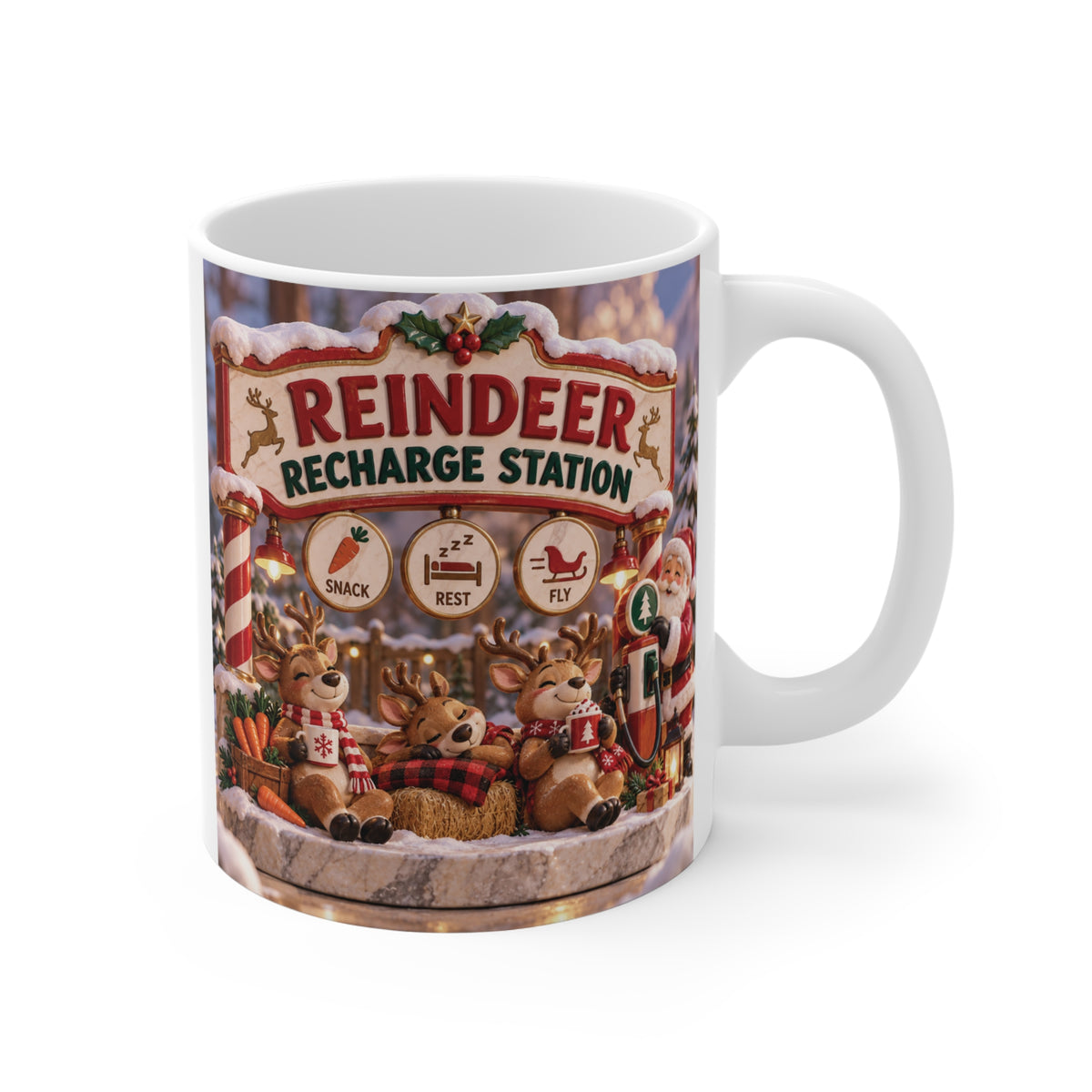 Reindeer Recharge Station 11oz Christmas mug featuring cute festive reindeer in a cozy vintage holiday scene.