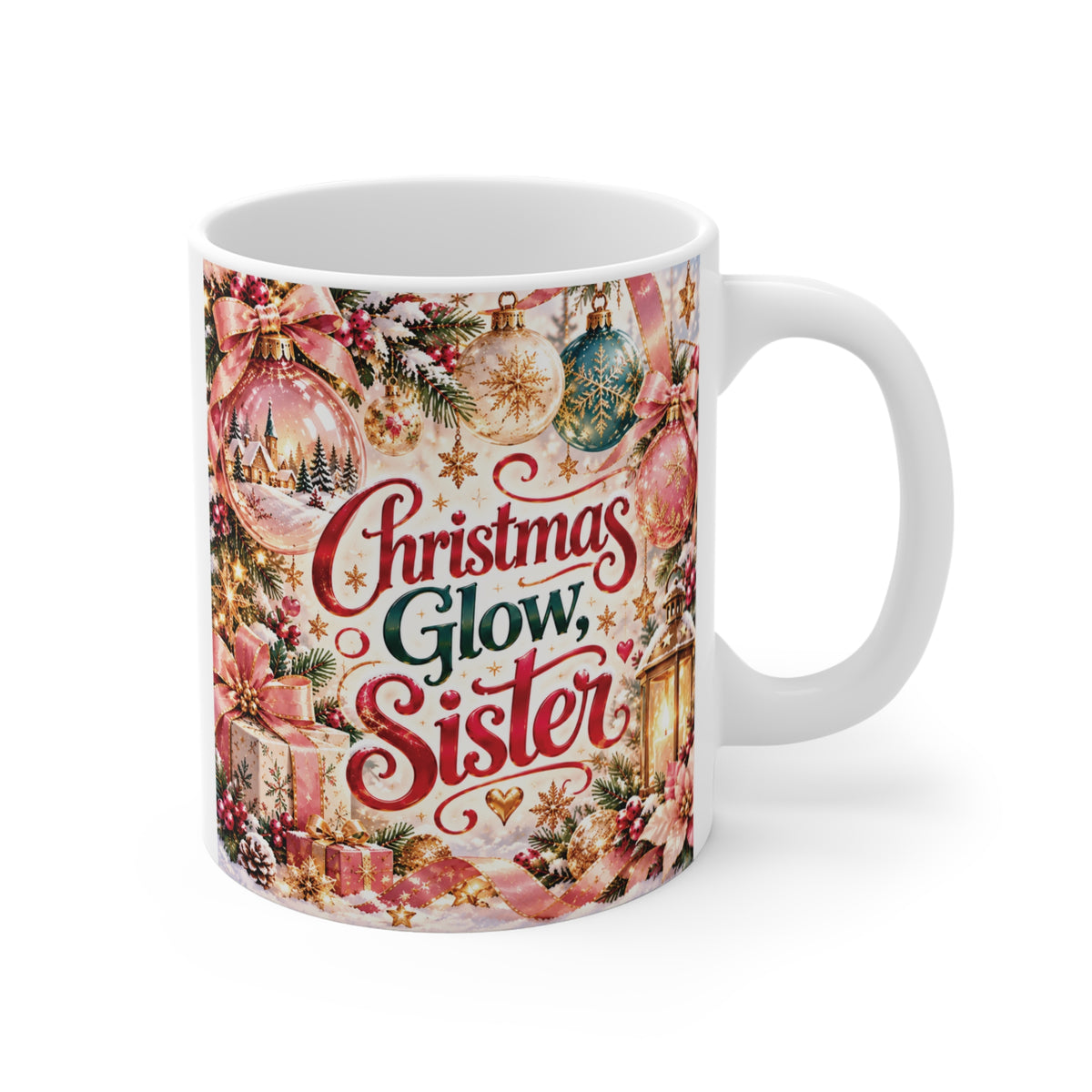 White 11oz ceramic coffee mug featuring a vintage Christmas ornament design and "Christmas Glow, Sister" text