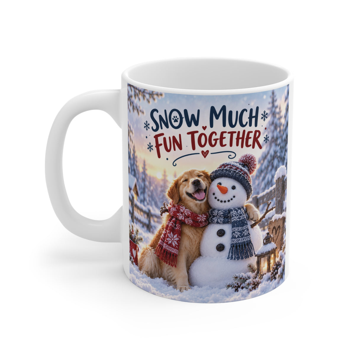 Snow Much Fun Together 11oz coffee mug with adorable dog cuddling a snowman, a cozy winter gift for dog lovers, friends and family.