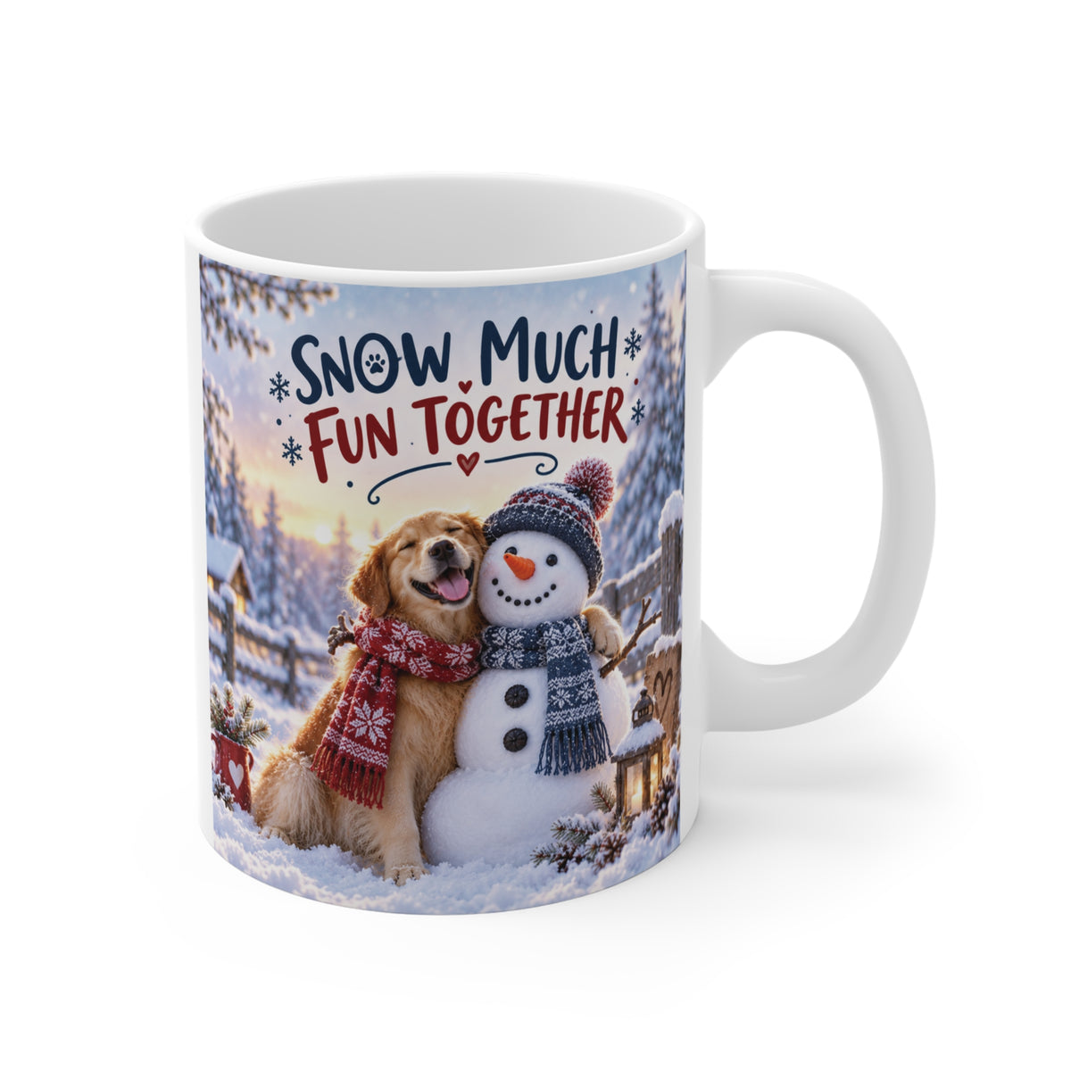 Snow Much Fun Together 11oz mug featuring a cute golden dog and smiling snowman wearing cozy scarves in a snowy winter scene.