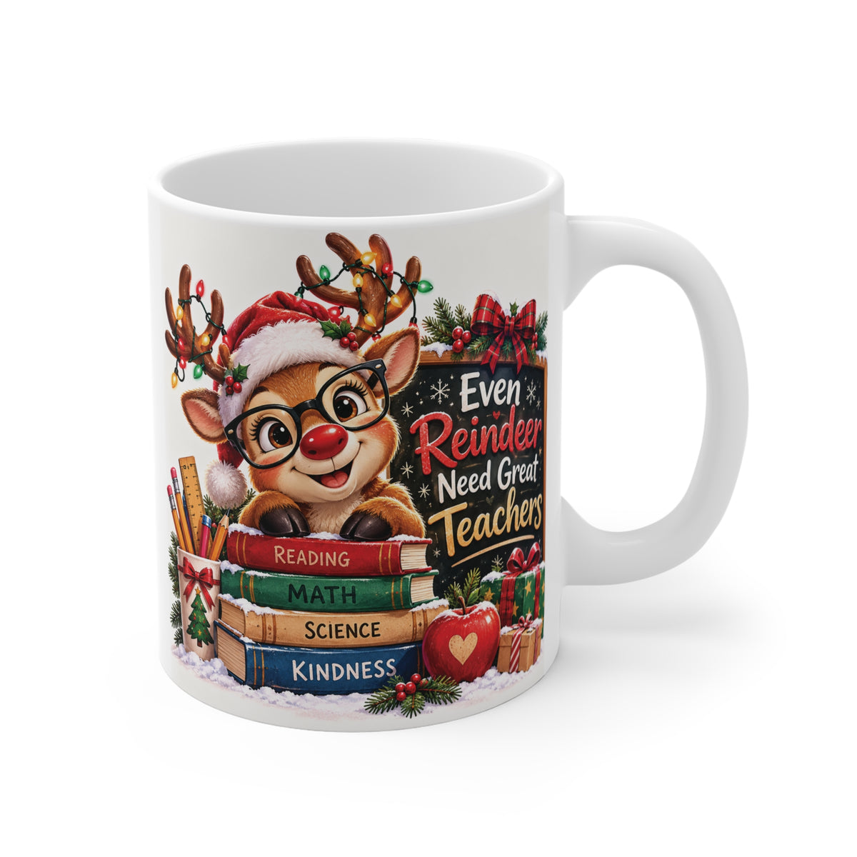 White 11oz Christmas teacher coffee mug featuring a cute reindeer wearing glasses and a Santa hat, with colorful school books and festive decorations.