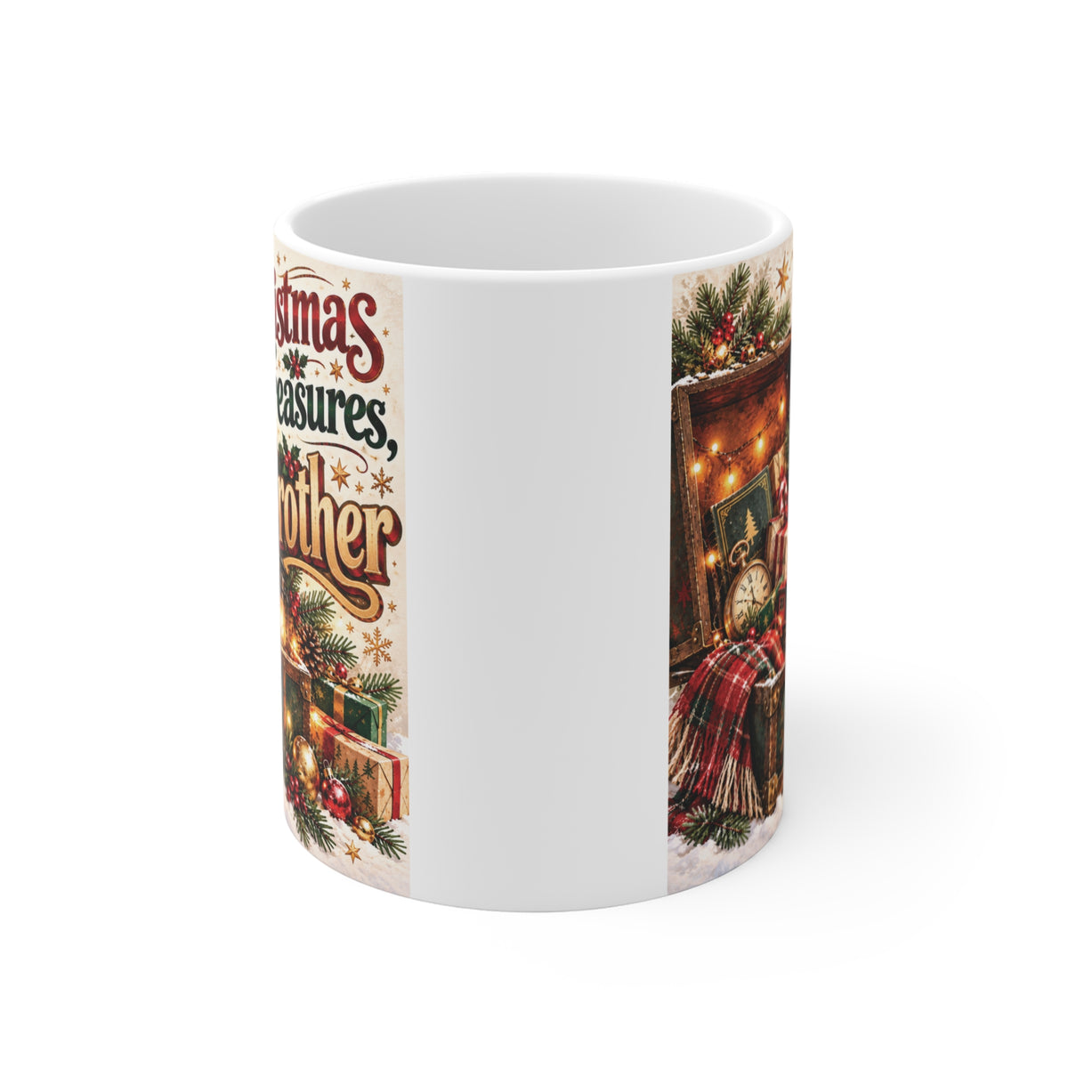 Front view of an 11oz white ceramic holiday mug showcasing a nostalgic Christmas treasure chest design intended as a gift for brothers.   