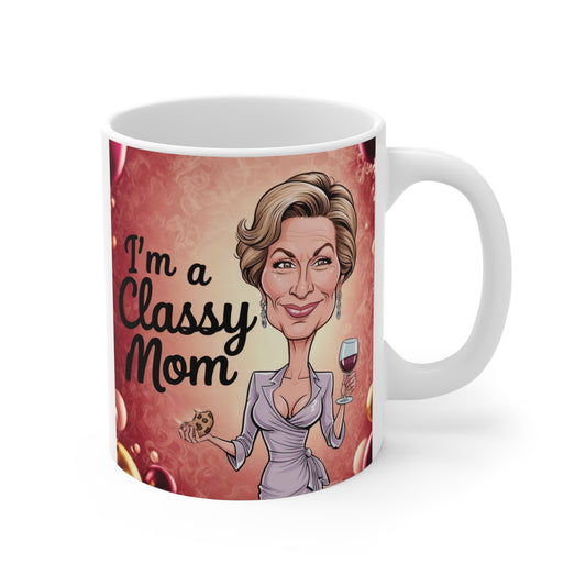Classy mom coffee mug with caricature illustration of elegant woman holding wine glass, funny Mother’s Day gift idea