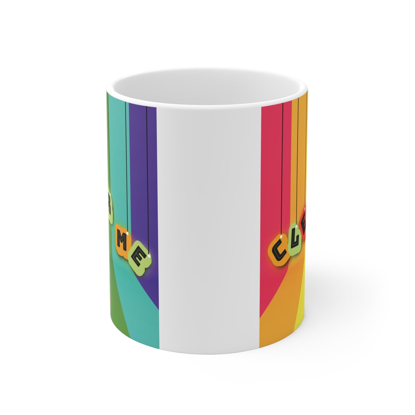 Rainbow striped ceramic mug with “Clever Me” message and thumbs up, motivational gift idea for kids or adults
