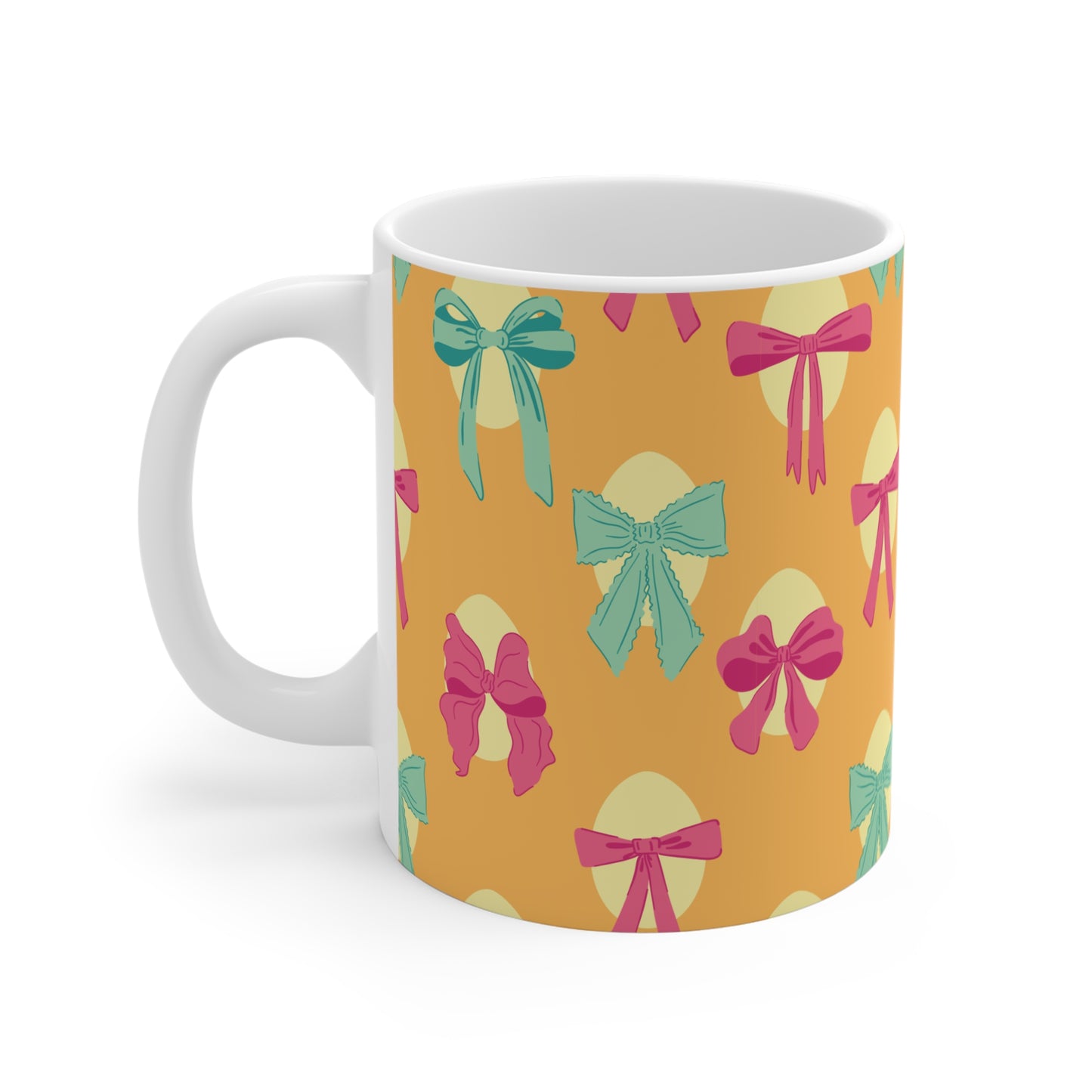 Colorful ribbon design mug featuring pastel bows on mustard yellow, trendy cute mug for gift and home decor