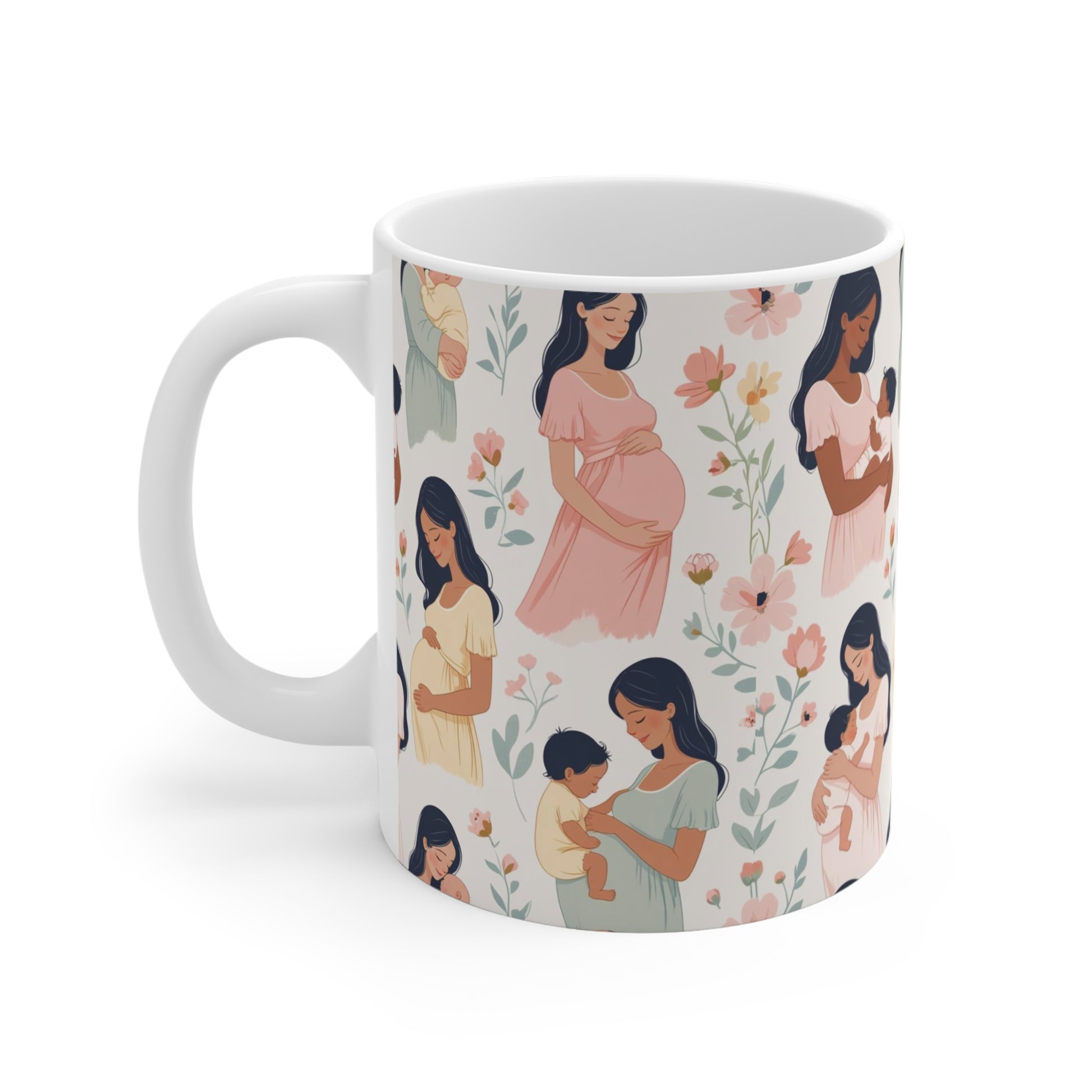 aesthetic mom life mug with breastfeeding and pregnancy illustrations, floral pattern, 11oz gift for mothers