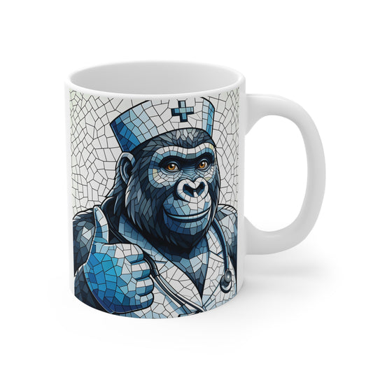 Nurse gorilla mosaic coffee mug featuring a smiling gorilla doctor giving thumbs up with blue stained glass style artwork and medical theme design.