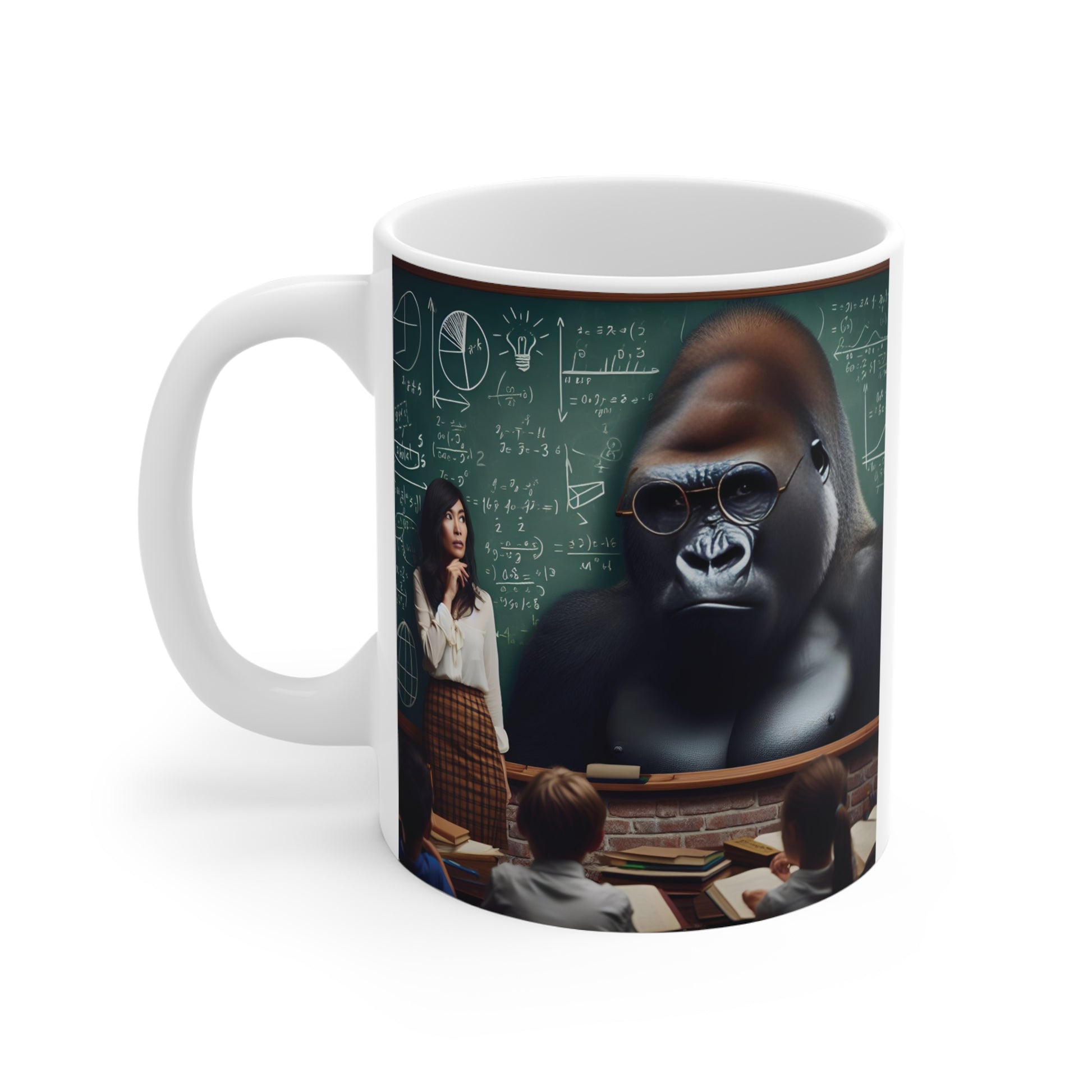Realistic gorilla in a classroom setting with math equations and students, featured on a novelty white ceramic coffee mug.