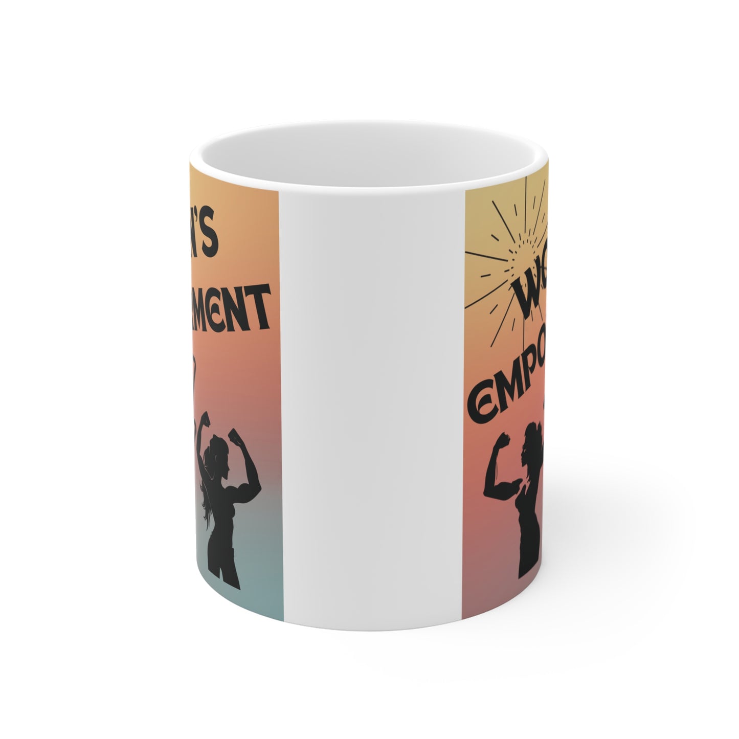 Feminist mug featuring ‘Women’s Empowerment’ text with strong women silhouettes, empowerment gift idea for women